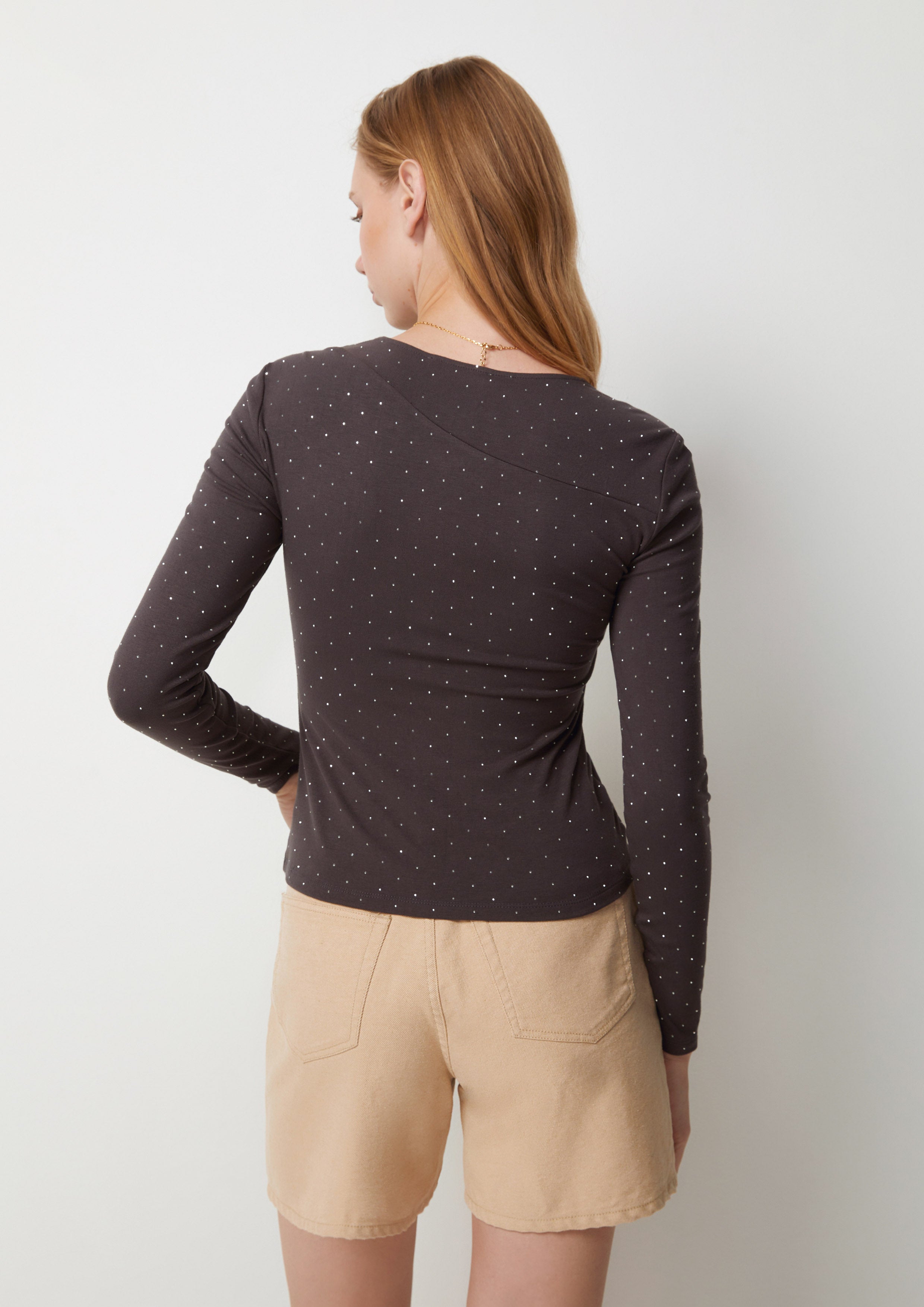 Polka-Dot Shoulder Cut-Out Long Sleeve Top Too Cool For School