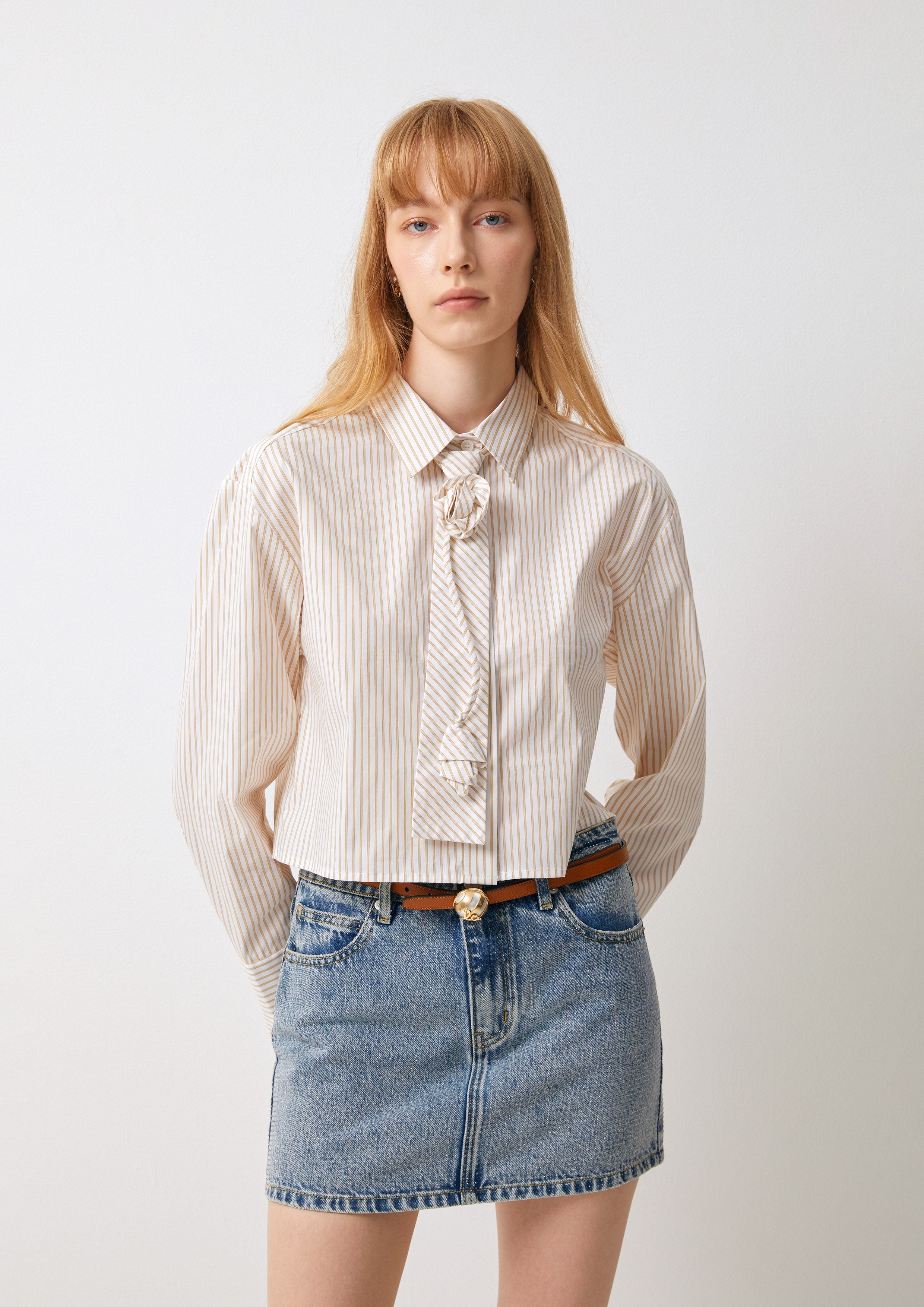 Twisted Tie Pinstriped Crop Shirt Pas De Une