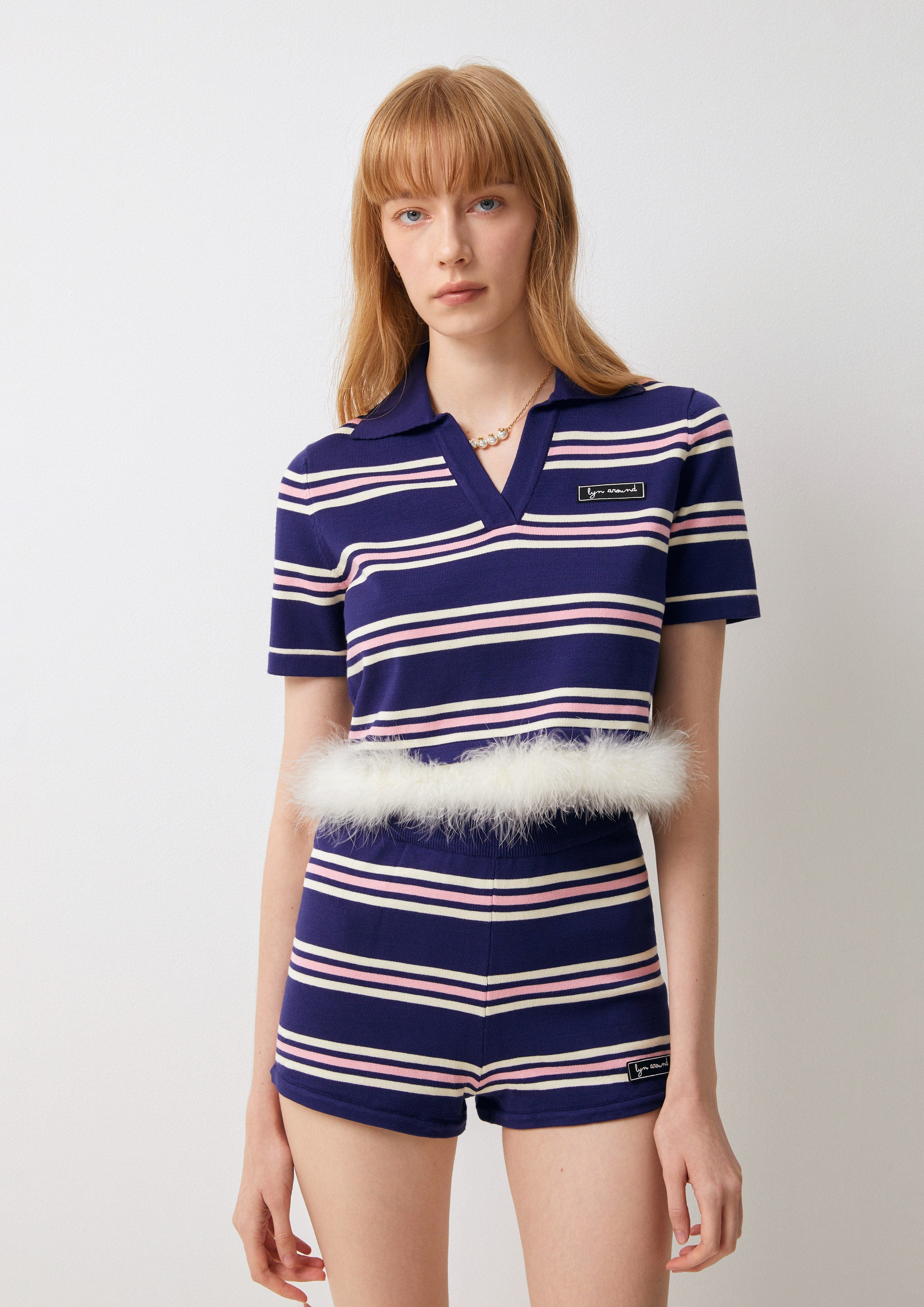 Fur Hem Striped Crop Polo Shirt Cool Shirt