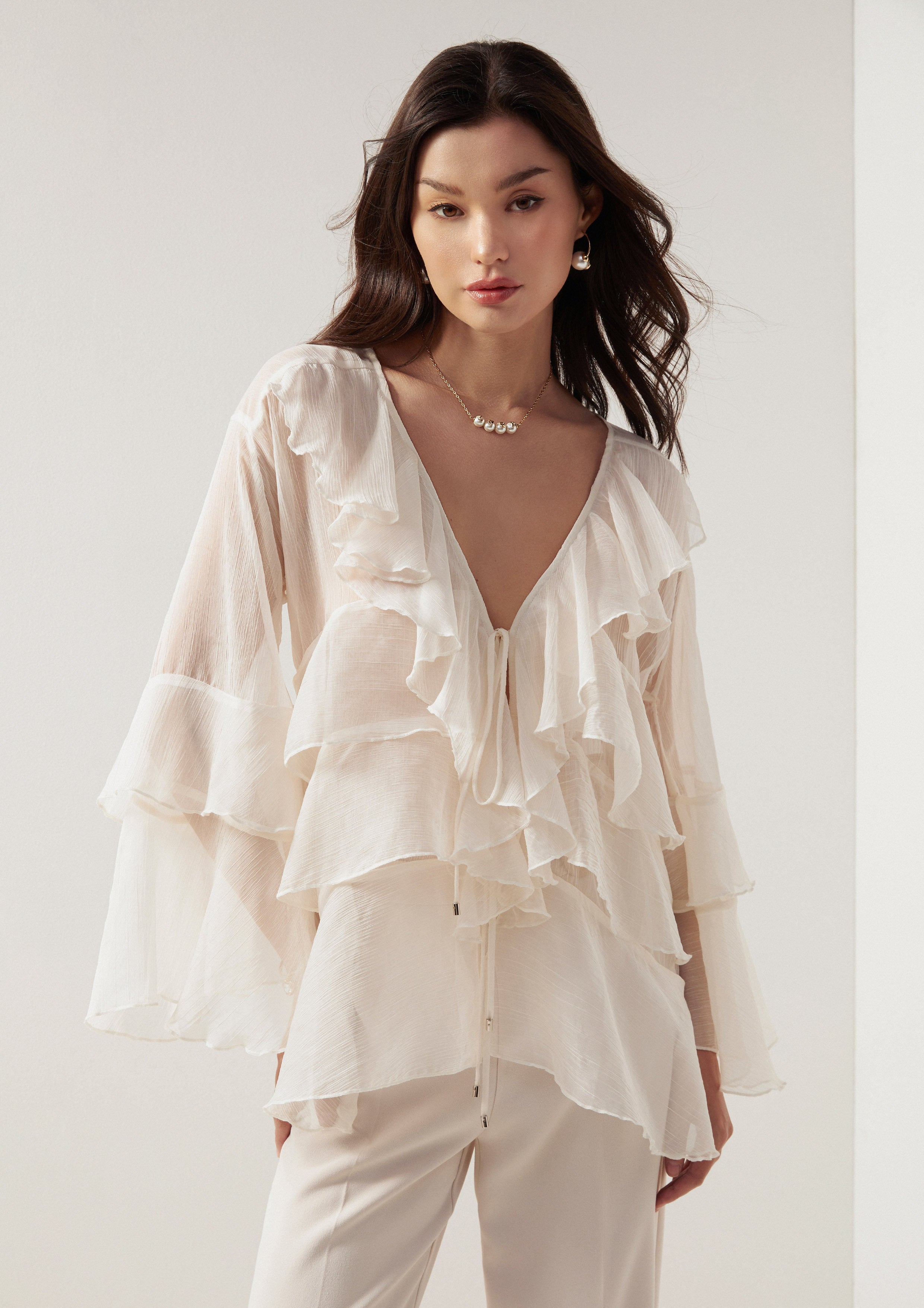 Ruffle Tiered Sheer Chiffon Blouse