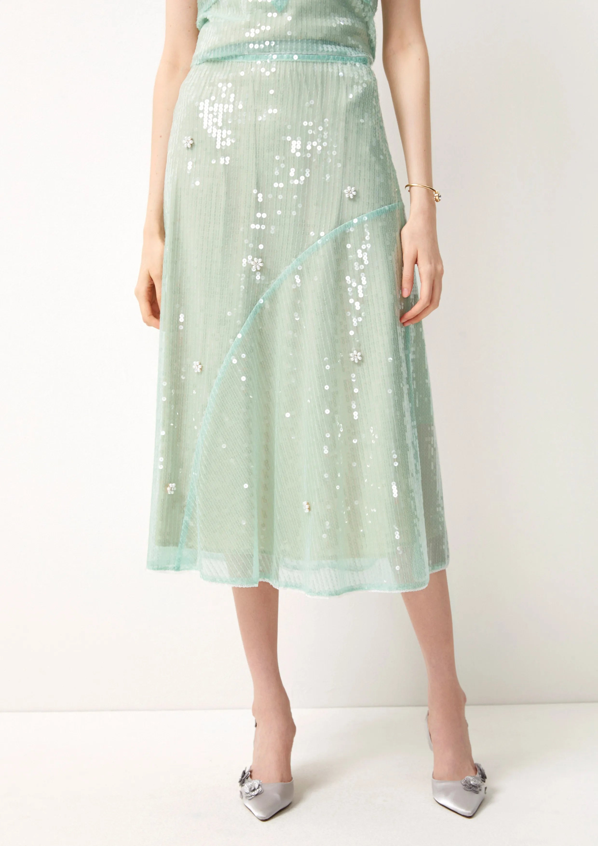 Crystal Flower Sequin Midi Skirt Pas De Deux