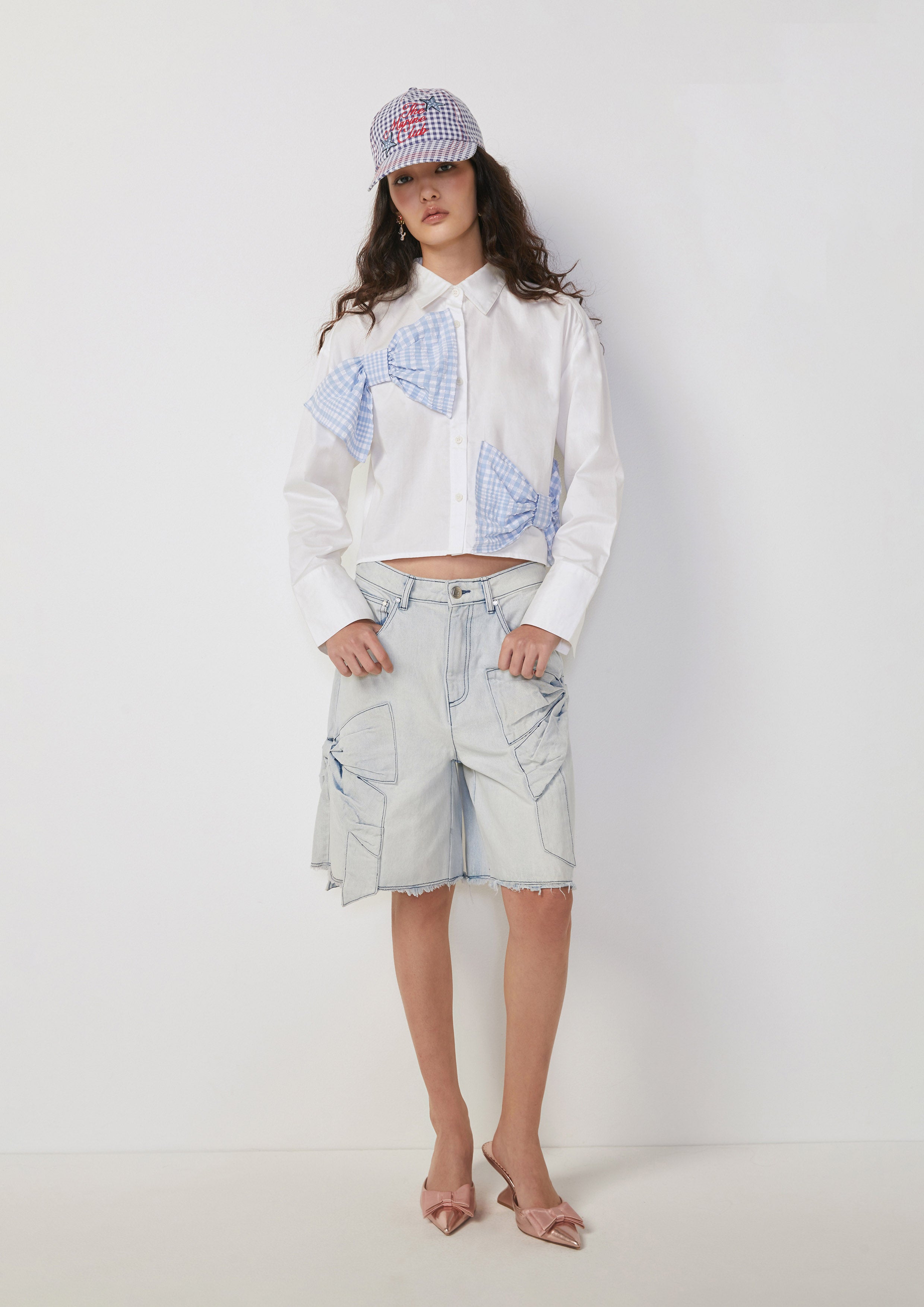 Denim Shorts with Bow Appliqués Tartan Lover