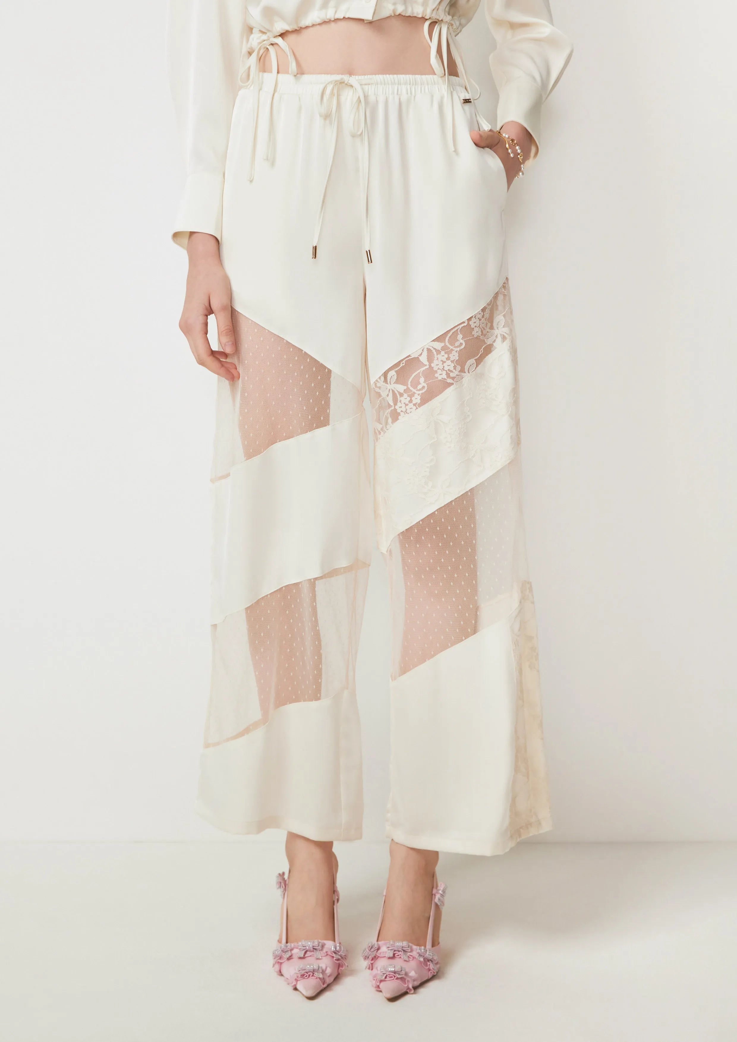 Laced Sheer Panel Wide-Leg Pants You're Truited