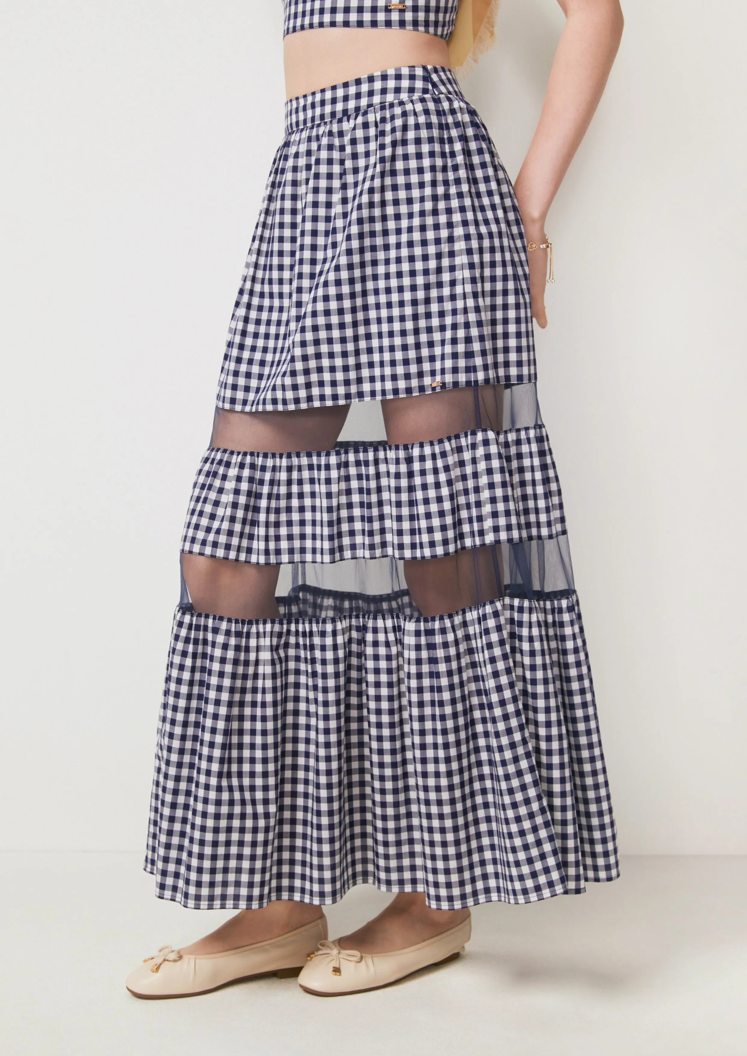 Gingham Sheer Panel Maxi A-line Skirt La La Land