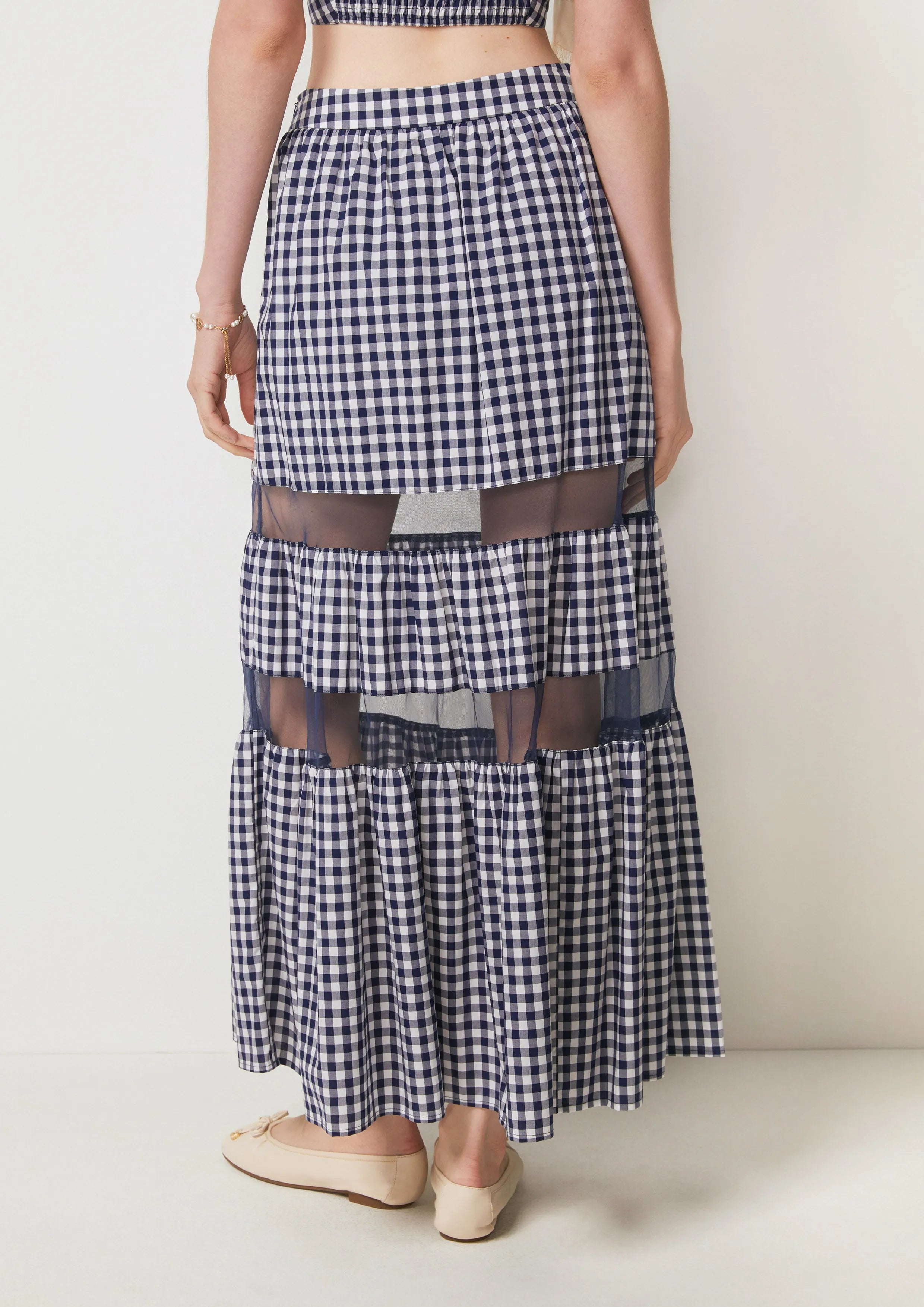 Gingham Sheer Panel Maxi A-line Skirt La La Land