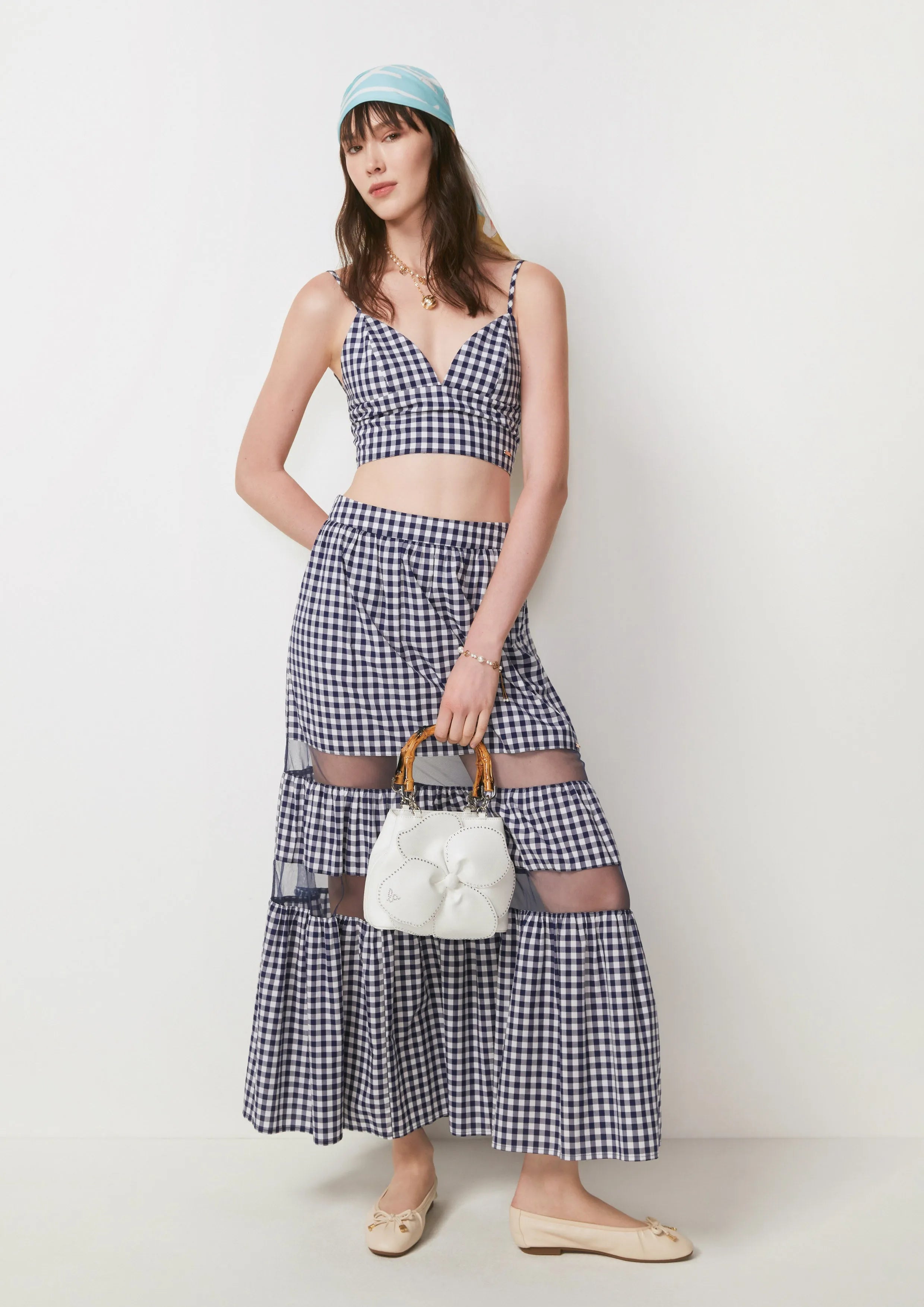 Gingham Sheer Panel Maxi A-line Skirt La La Land