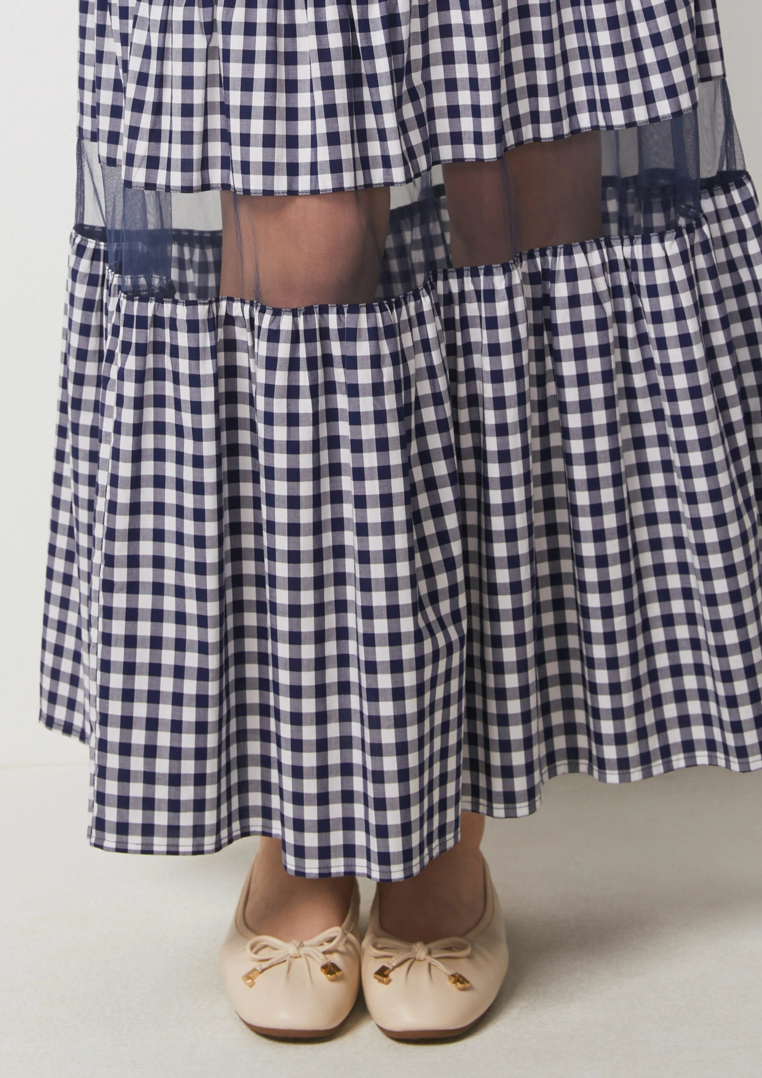 Gingham Sheer Panel Maxi A-line Skirt La La Land