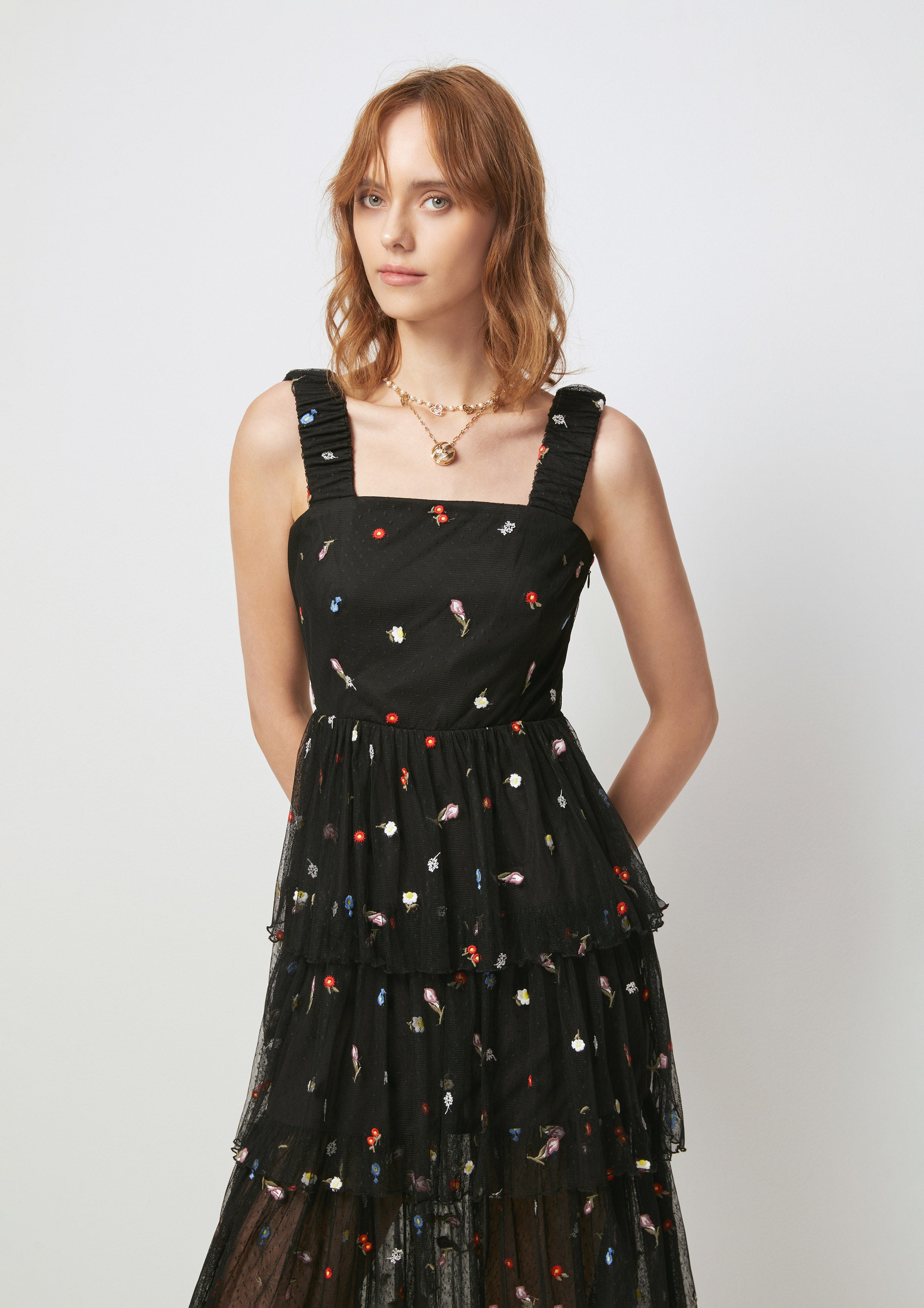 Sheer Ruffle Tiered Midi Dress Flower Field