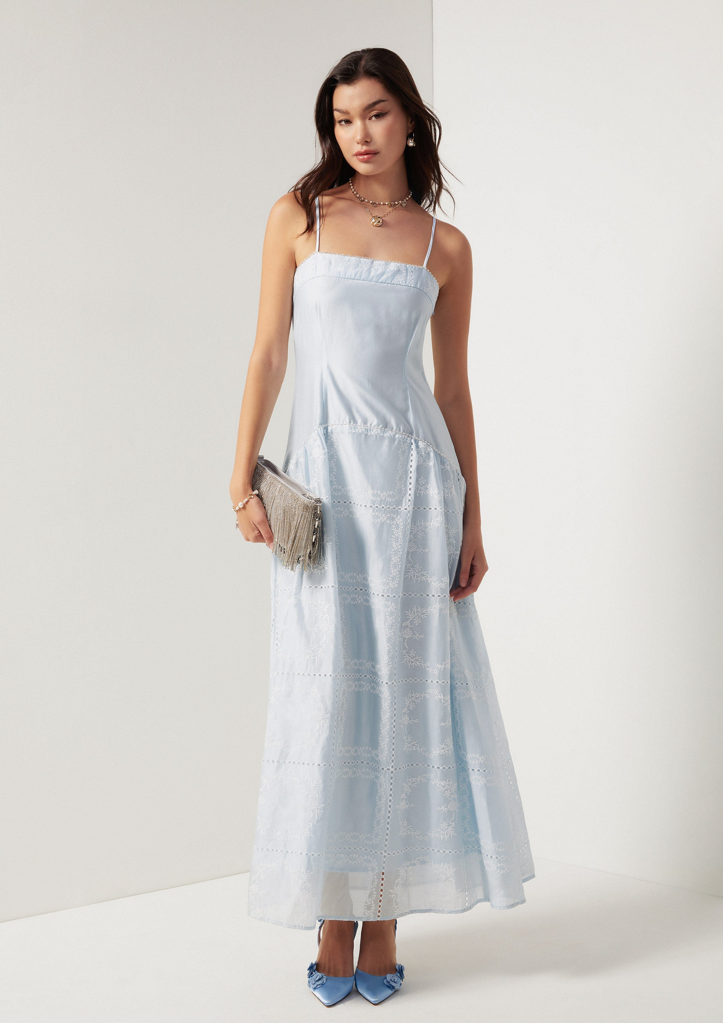 Flower Eyelet Tiered Skirt Maxi Dress