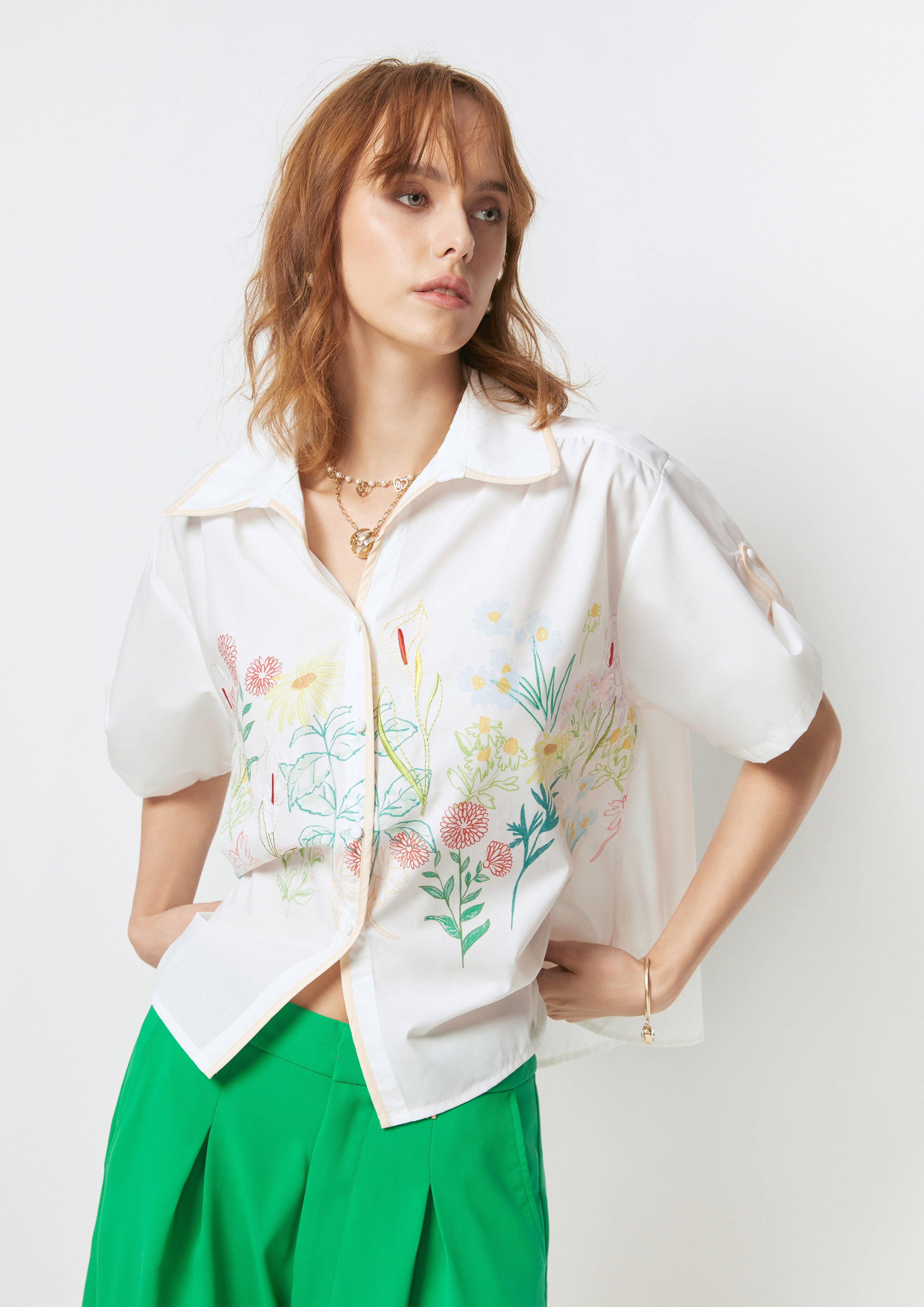 Cropped Short Sleeve Shirt Flower Field