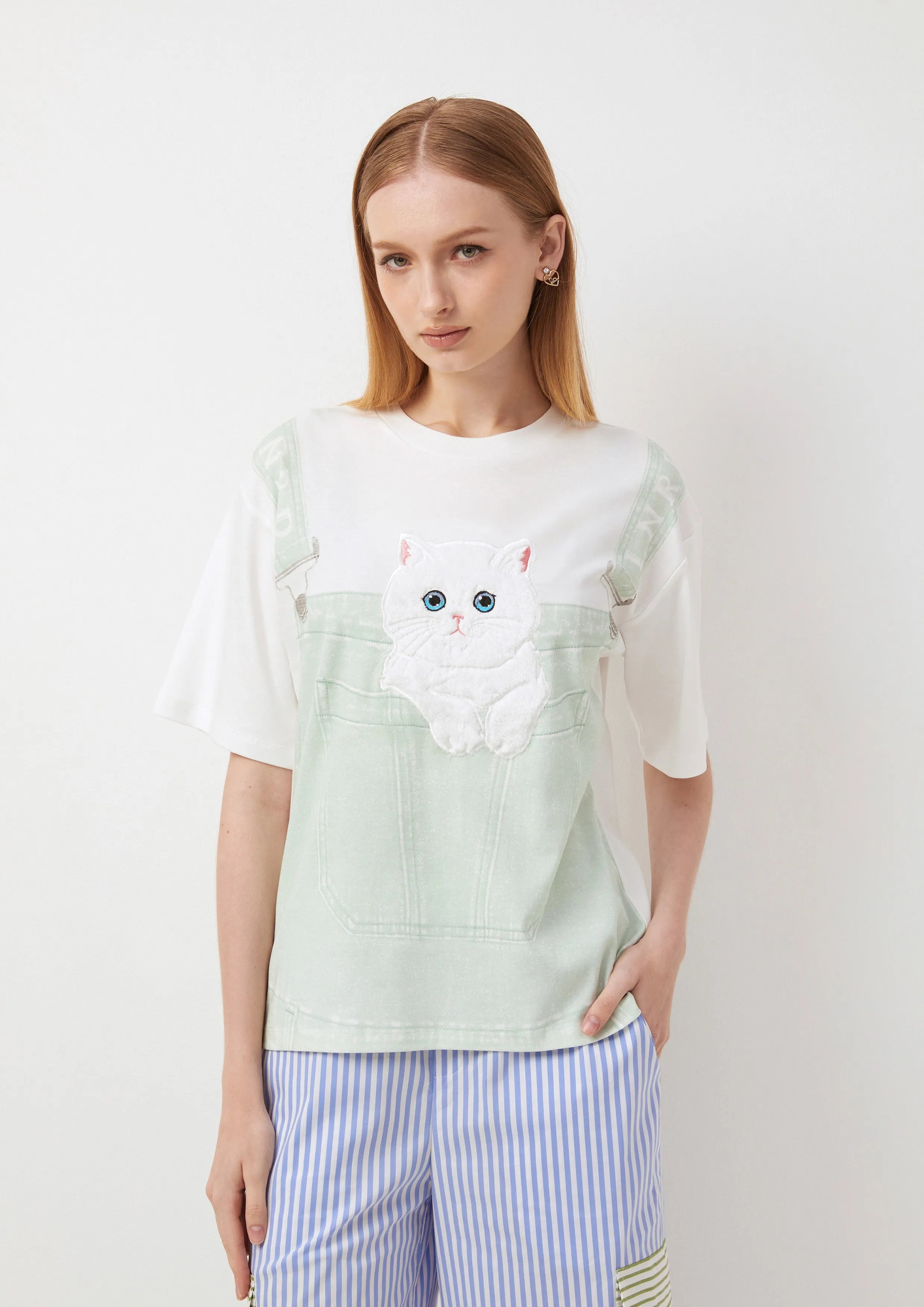 Chonky Cat in Denim Overall Print Relax-Fit T-Shirt La La Land