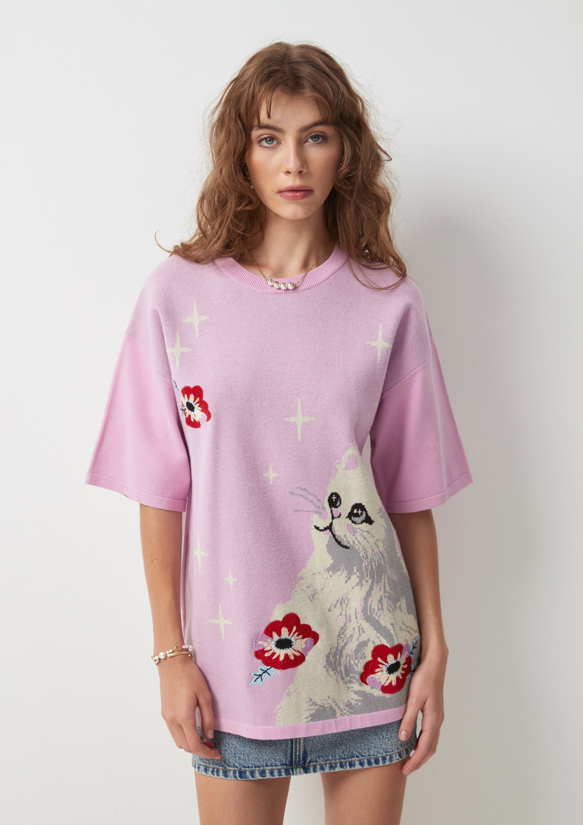 Floral Cat Oversized T-Shirt Symphony of Petals