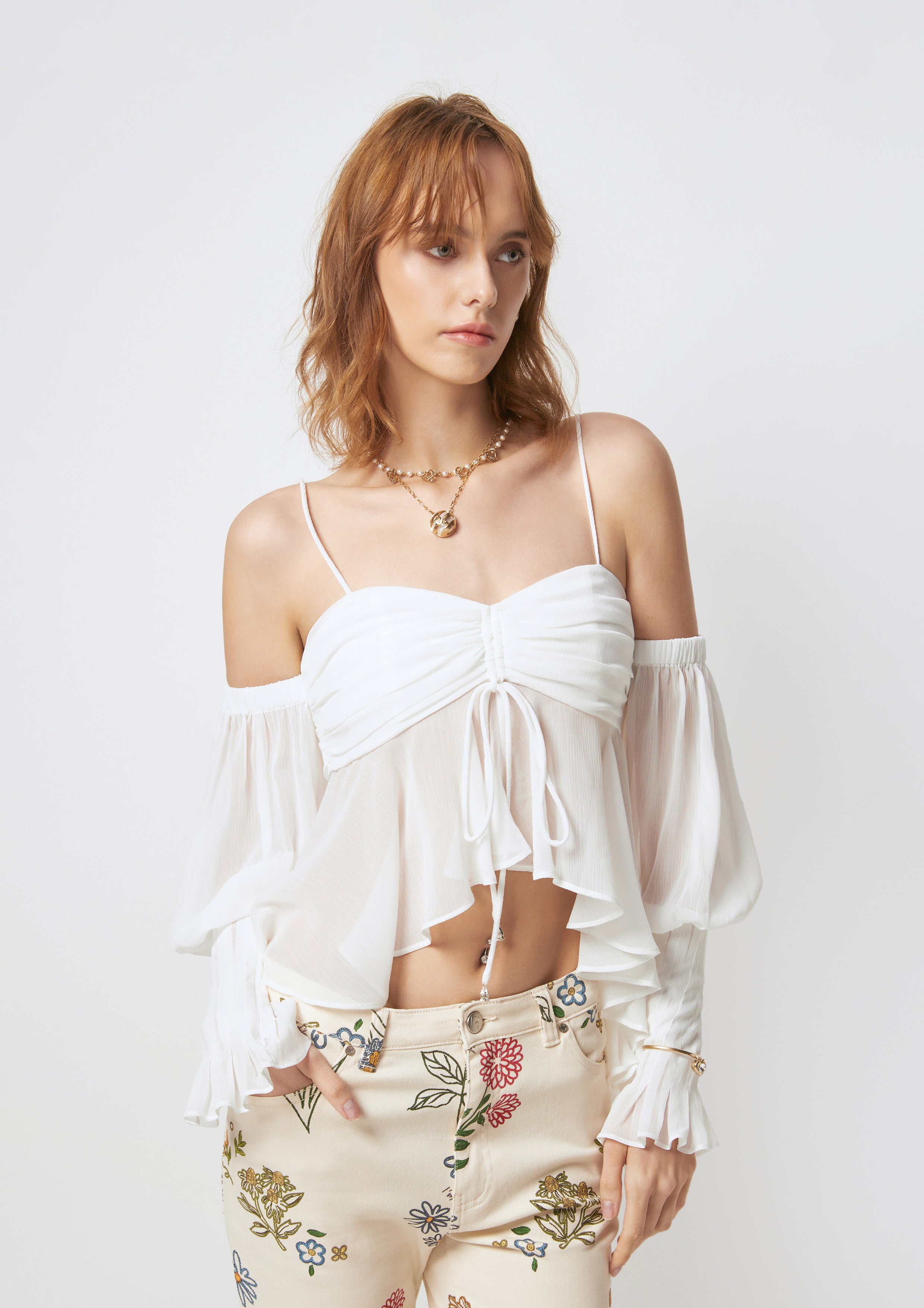 Ruffle Sheer Off-Shoulder Top Posy Bouquet