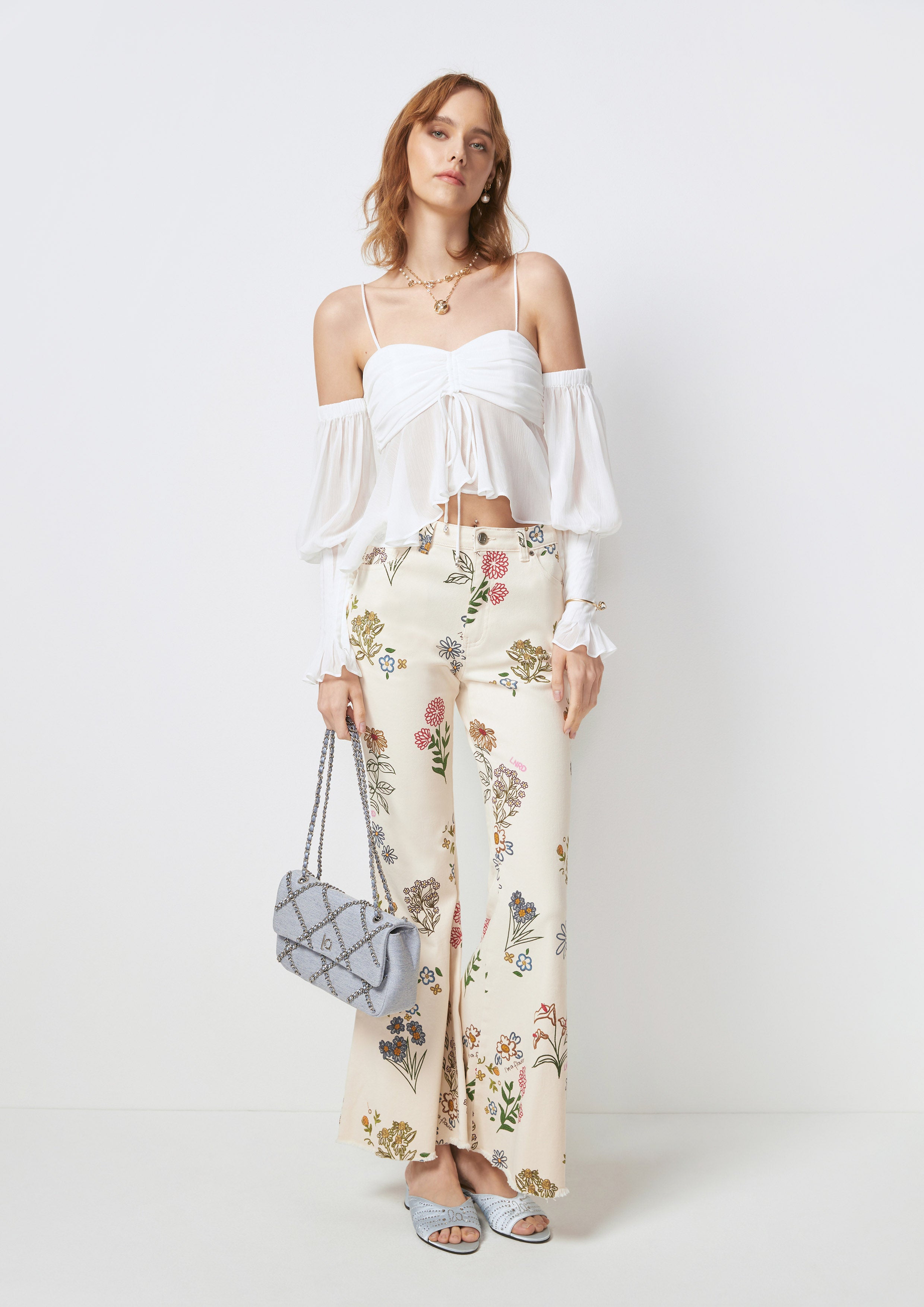 Ruffle Sheer Off-Shoulder Top Posy Bouquet