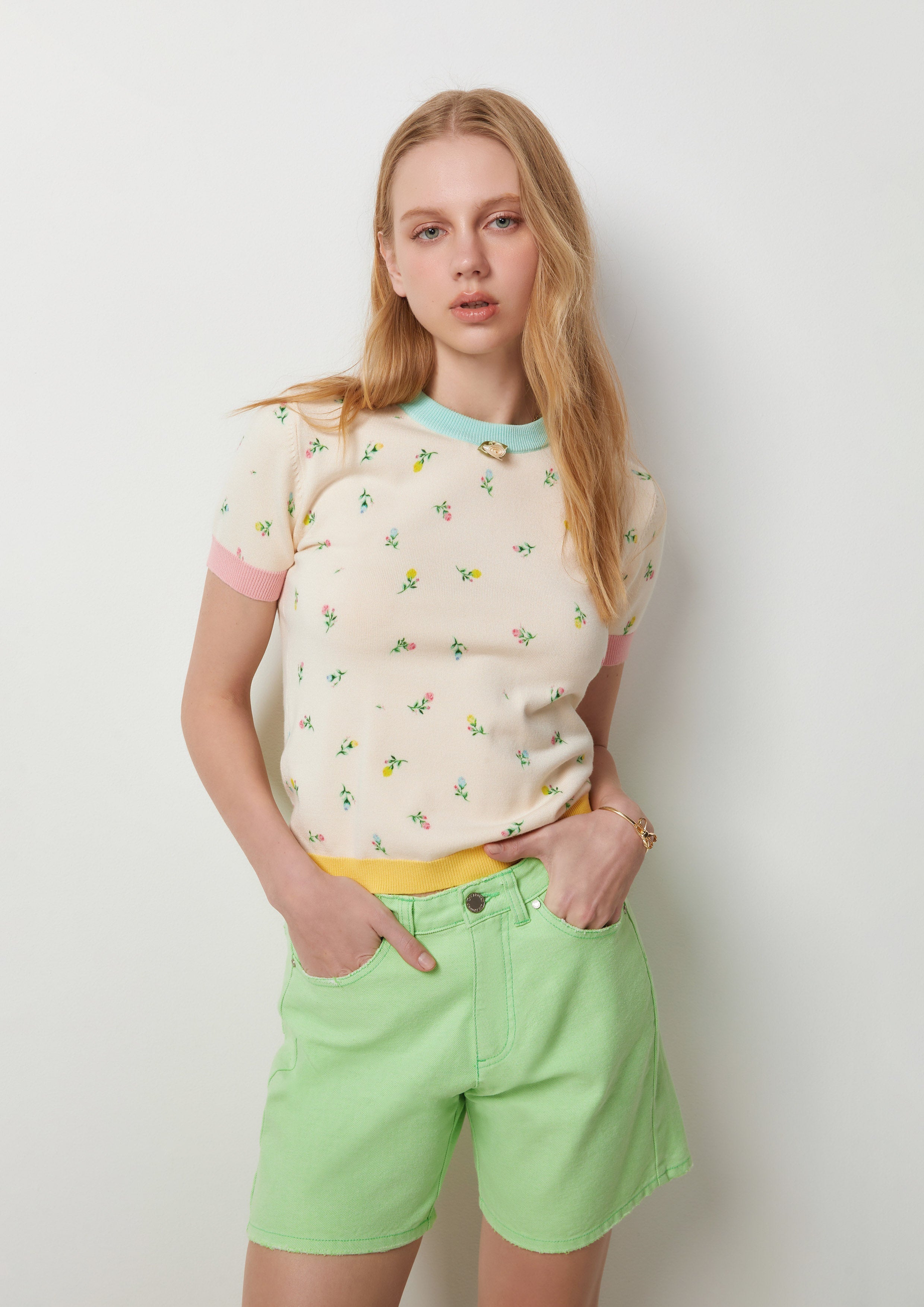 Floral Sprinkle Knit Ringer Tee Pas De Deux