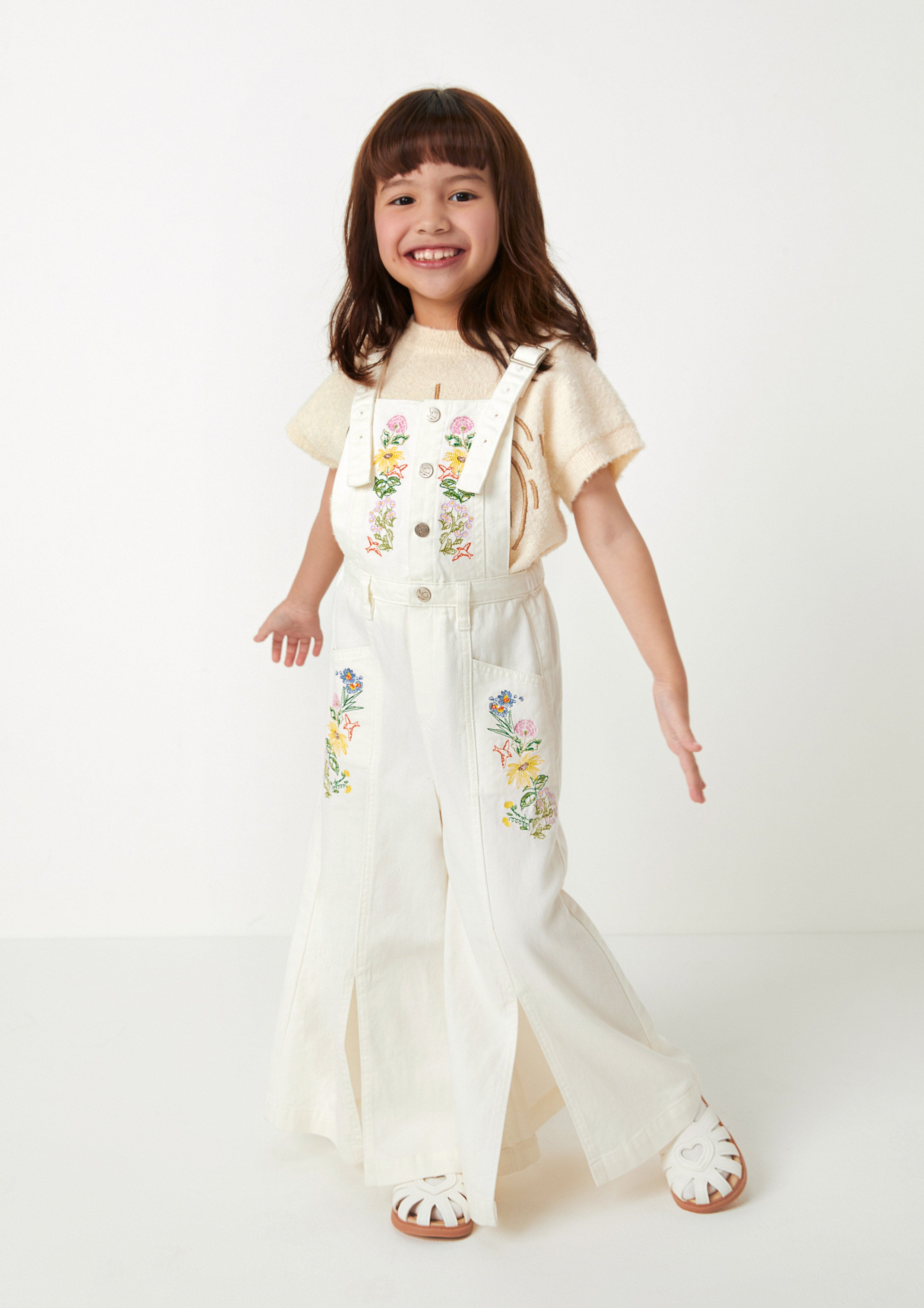 Floral Wide-Leg Overall For Girls Flower Field