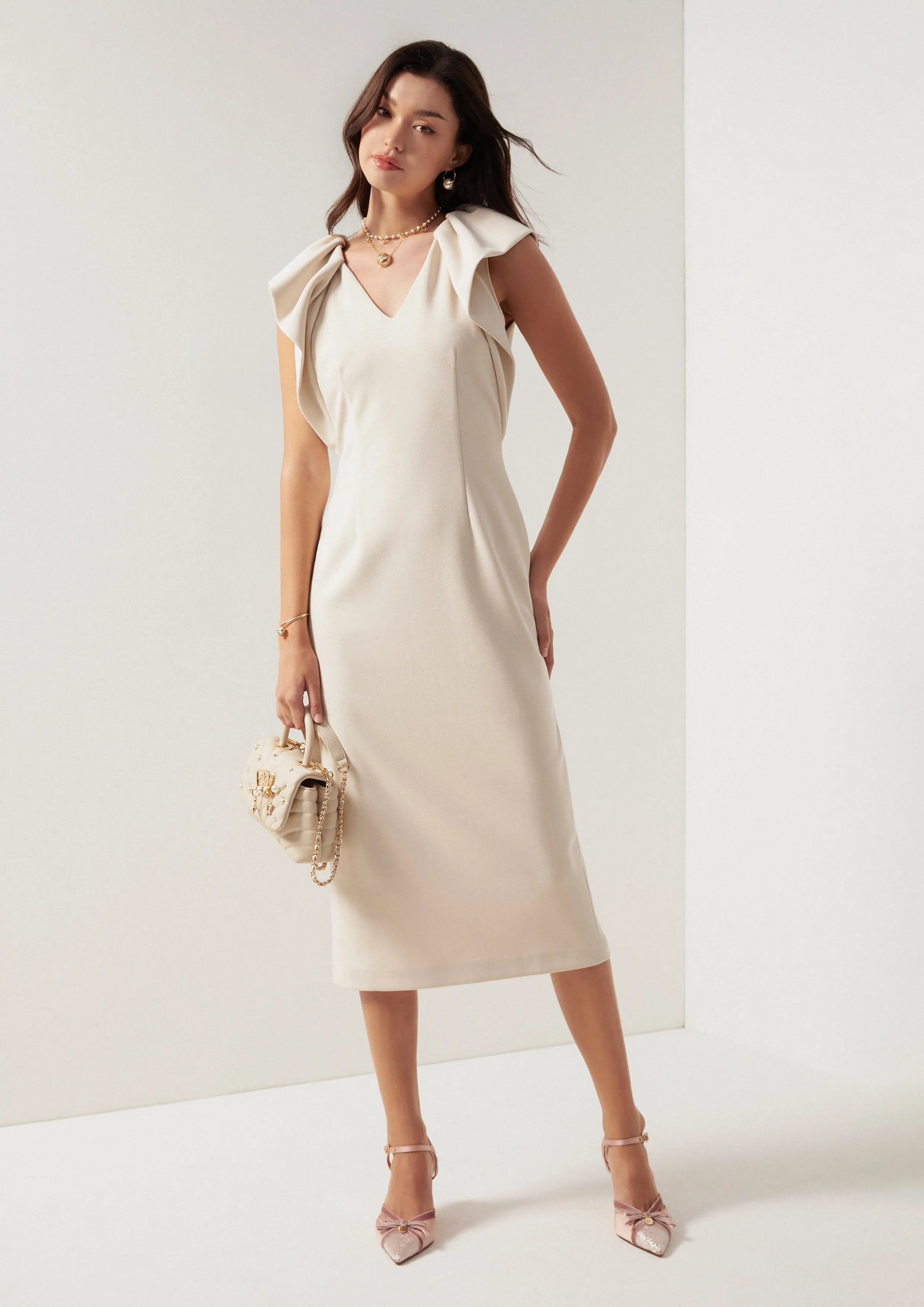 V-Neck Ruffle Shoulder Midi Dress