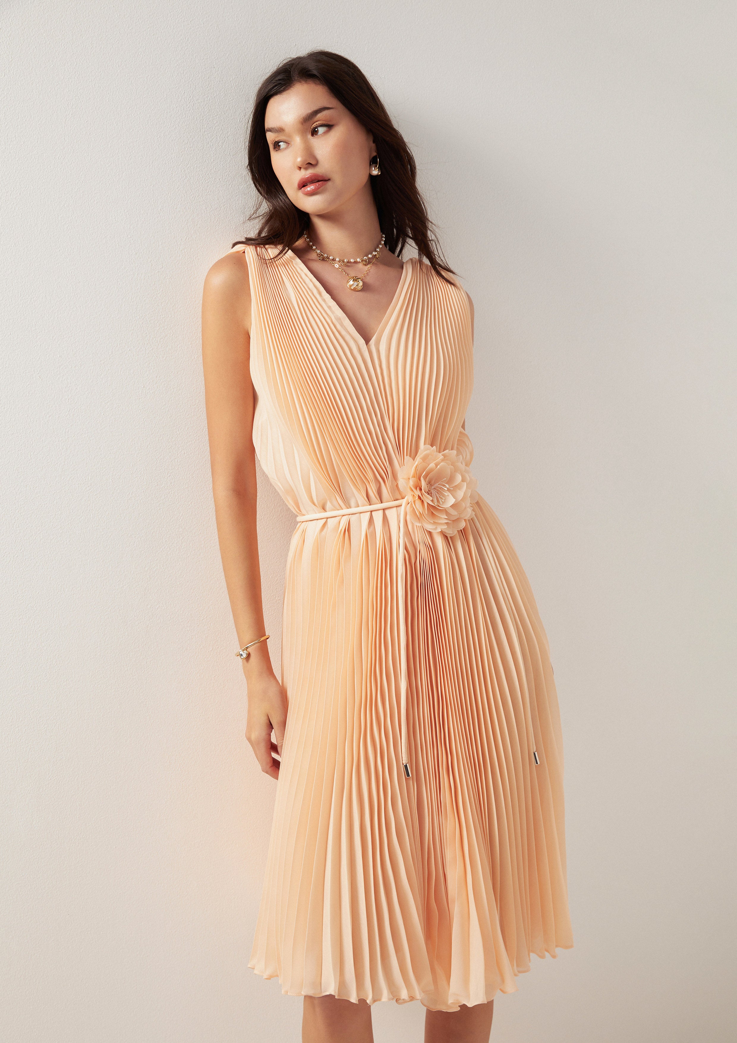 Pleated Blossom Midi Dress