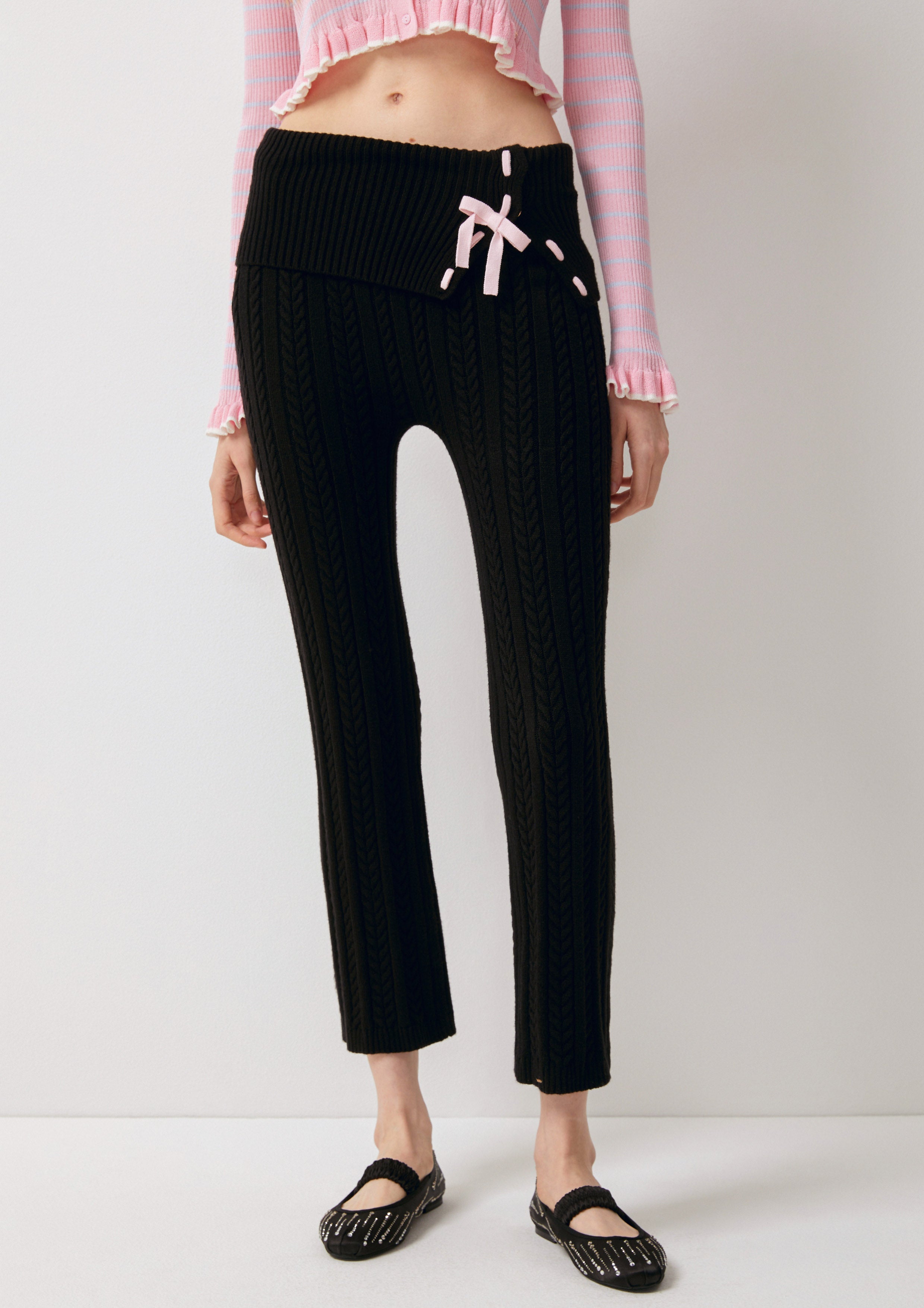 Bow Tie Cable Knit Slim-Fit Pants Pas De Une