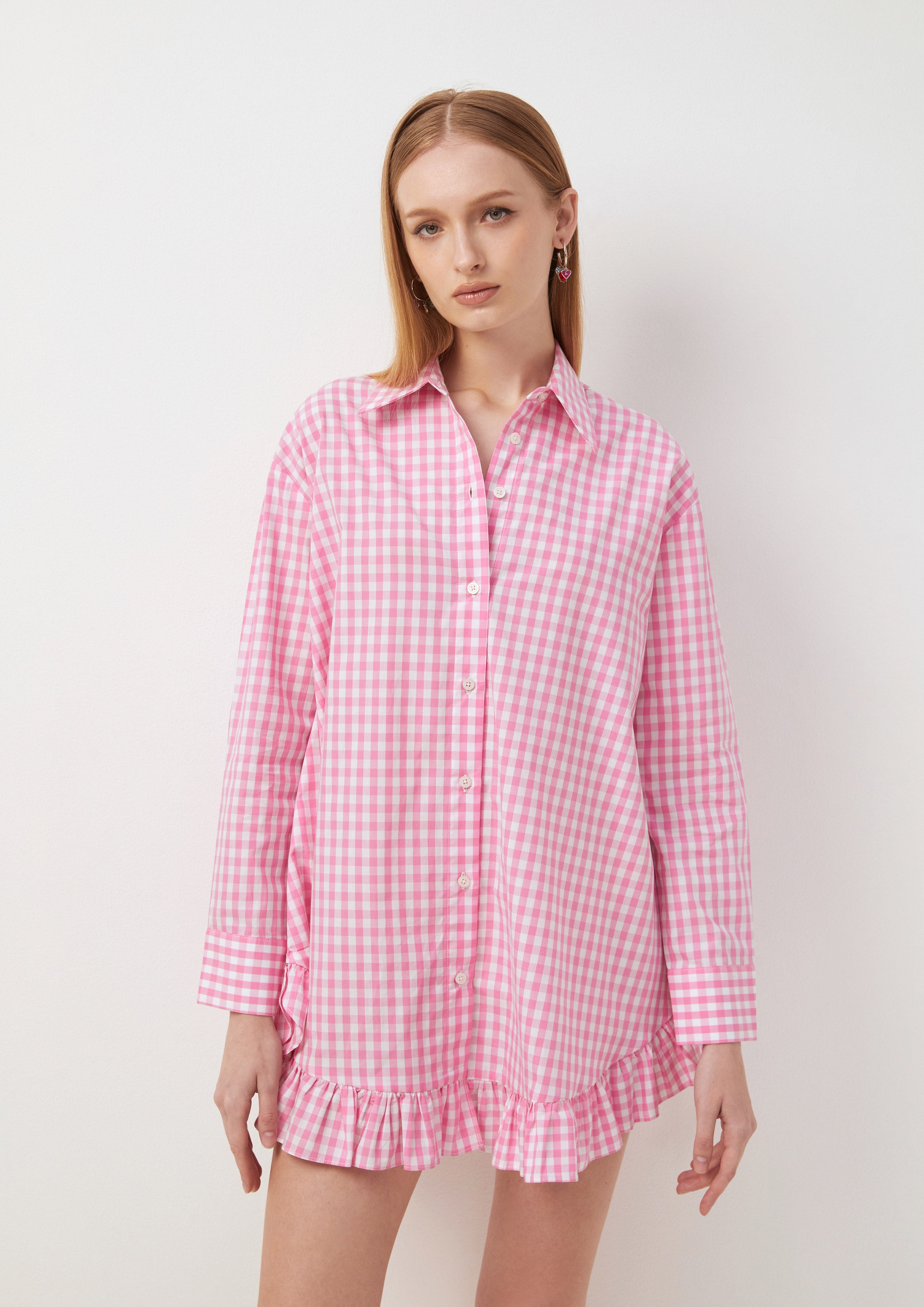 Checkered Ruffle Hem Oversized Shirt Tartan Lover