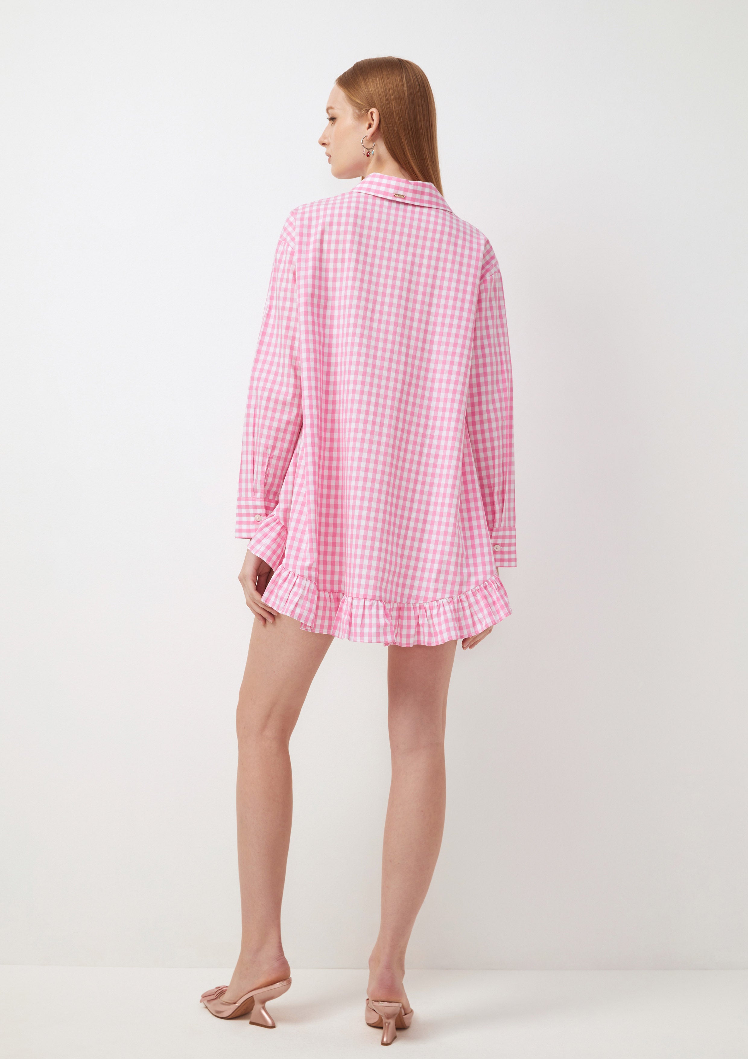 Checkered Ruffle Hem Oversized Shirt Tartan Lover