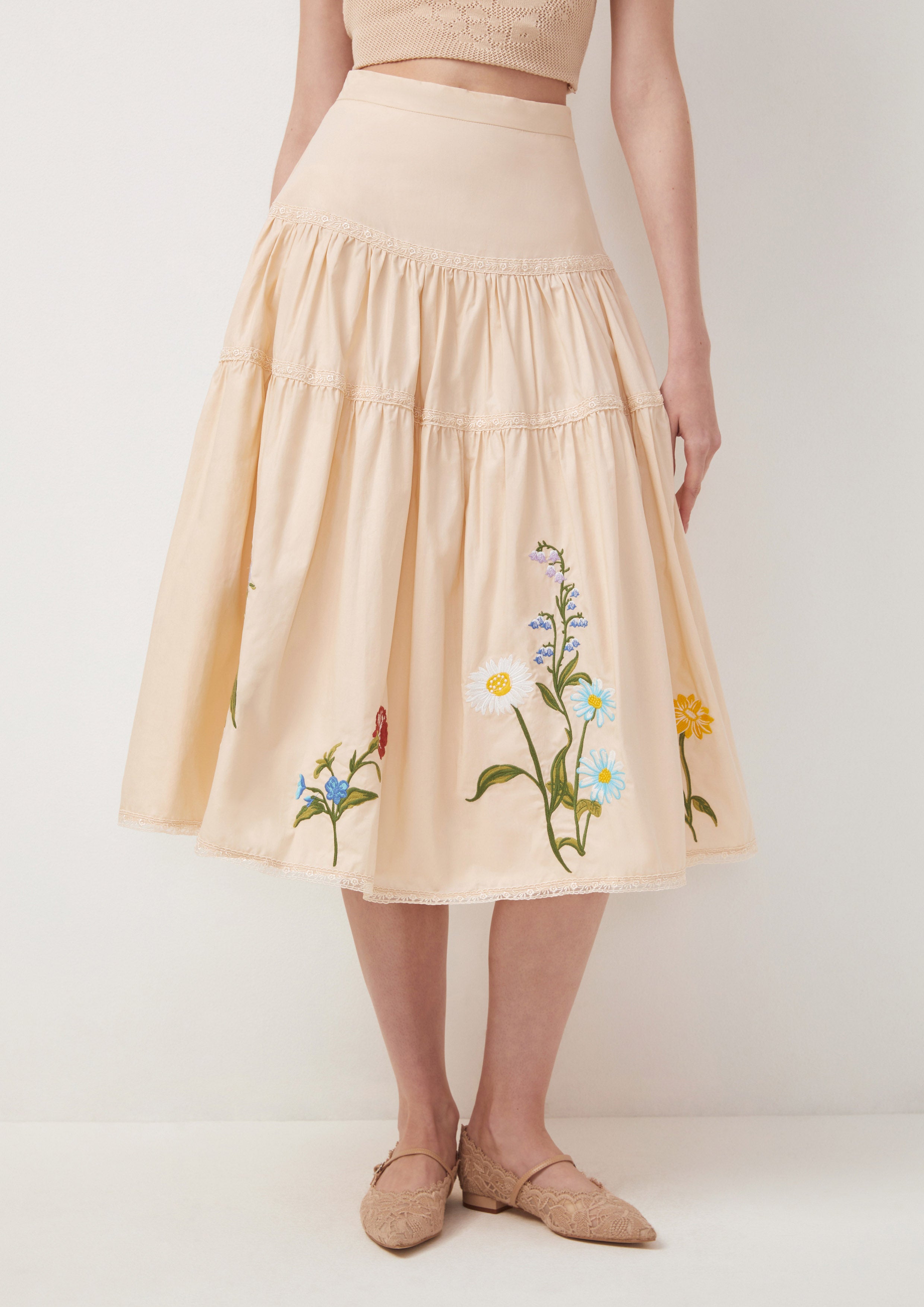 Floral Pleated Tiered Midi Skirt Flower Field