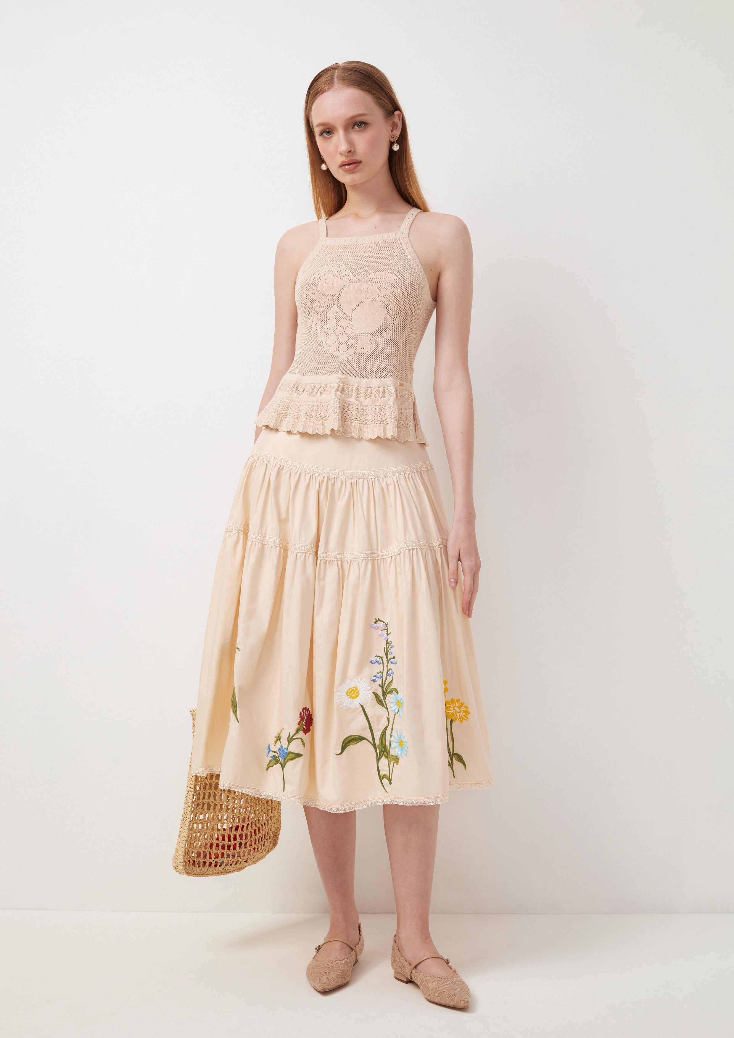 Floral Pleated Tiered Midi Skirt Flower Field