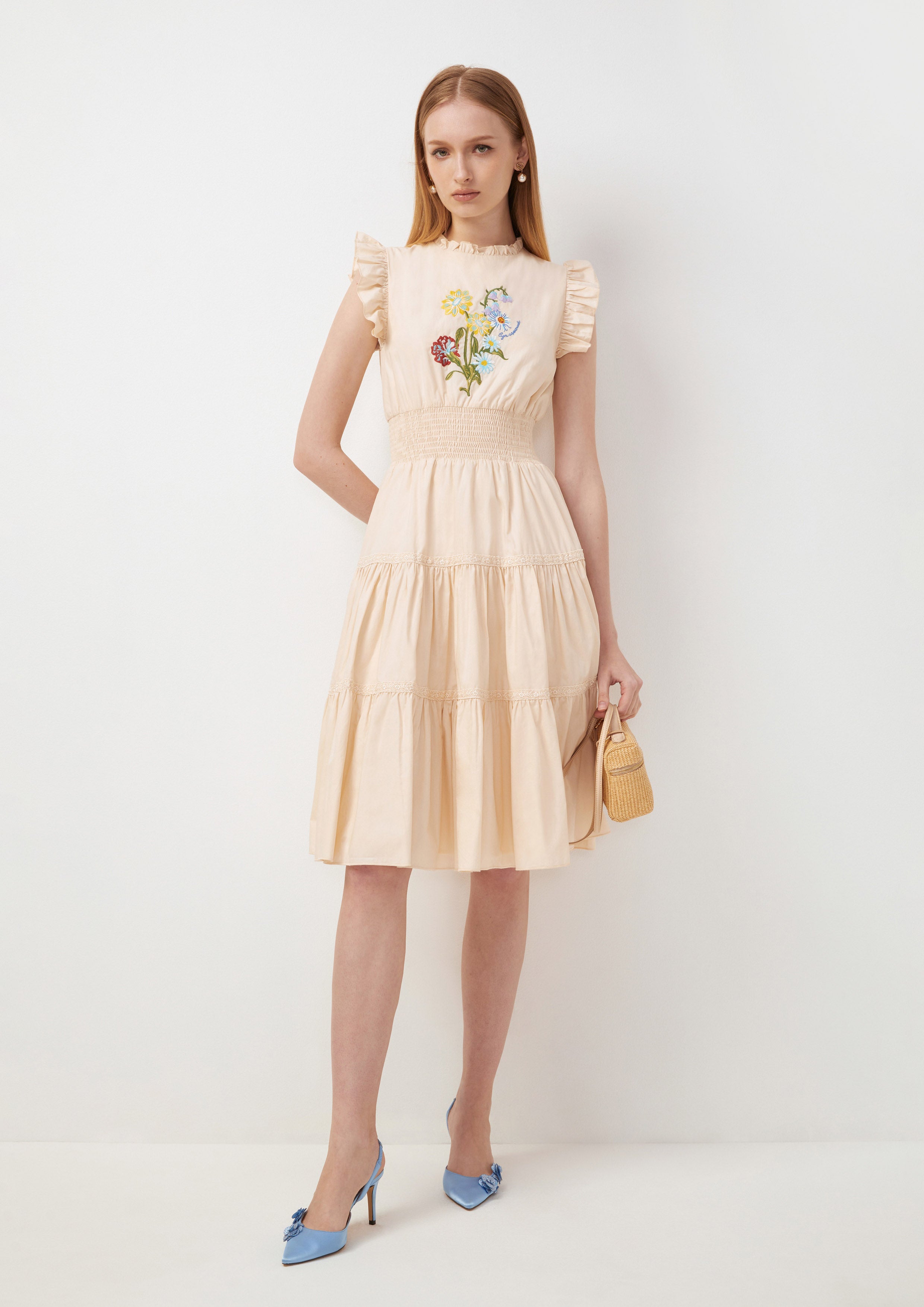 Flower Bouquet Short Ruffle Midi Dress Flower Field