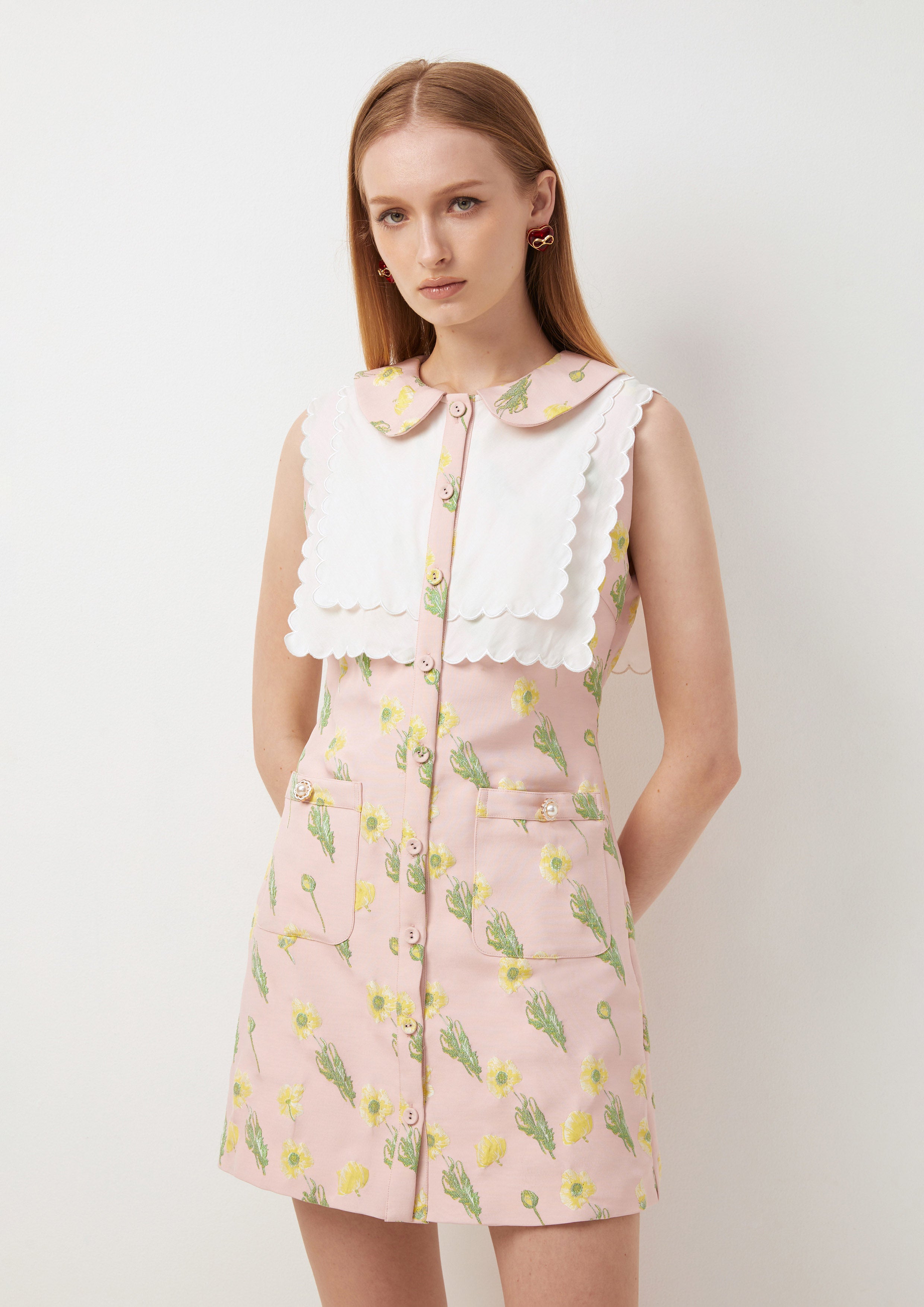 Botanical Print Scalloped Collar Sleeveless Mini Dress Joyful Bloom