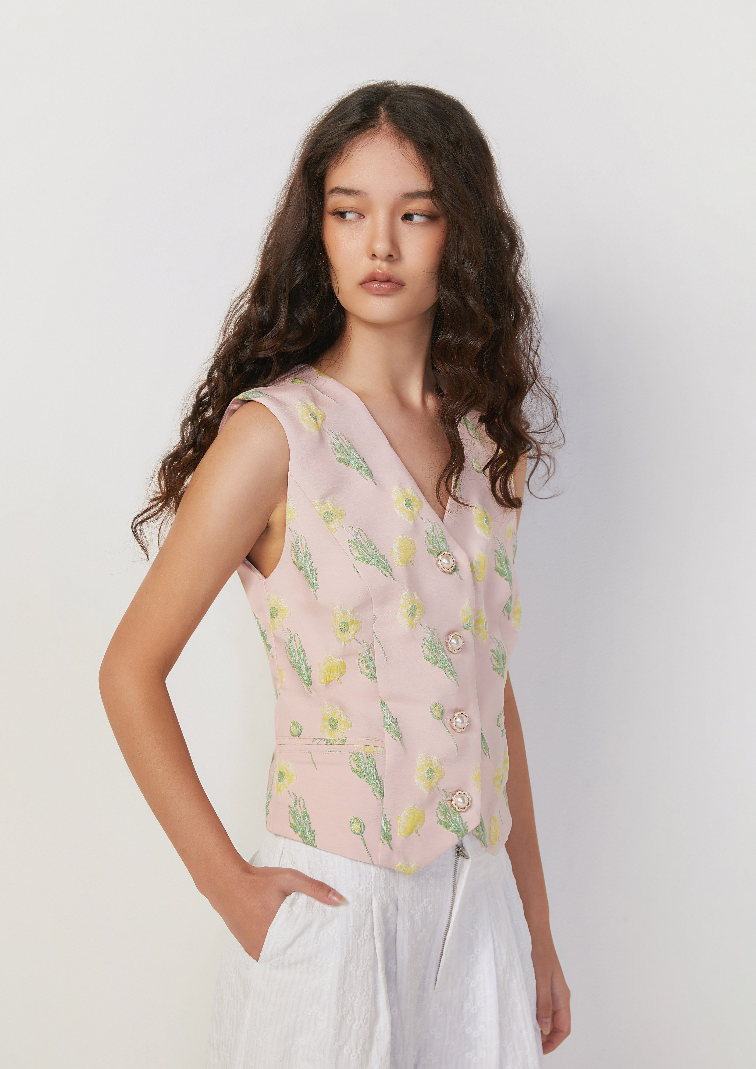 Floral Print Fitted Vest Joyful Bloom