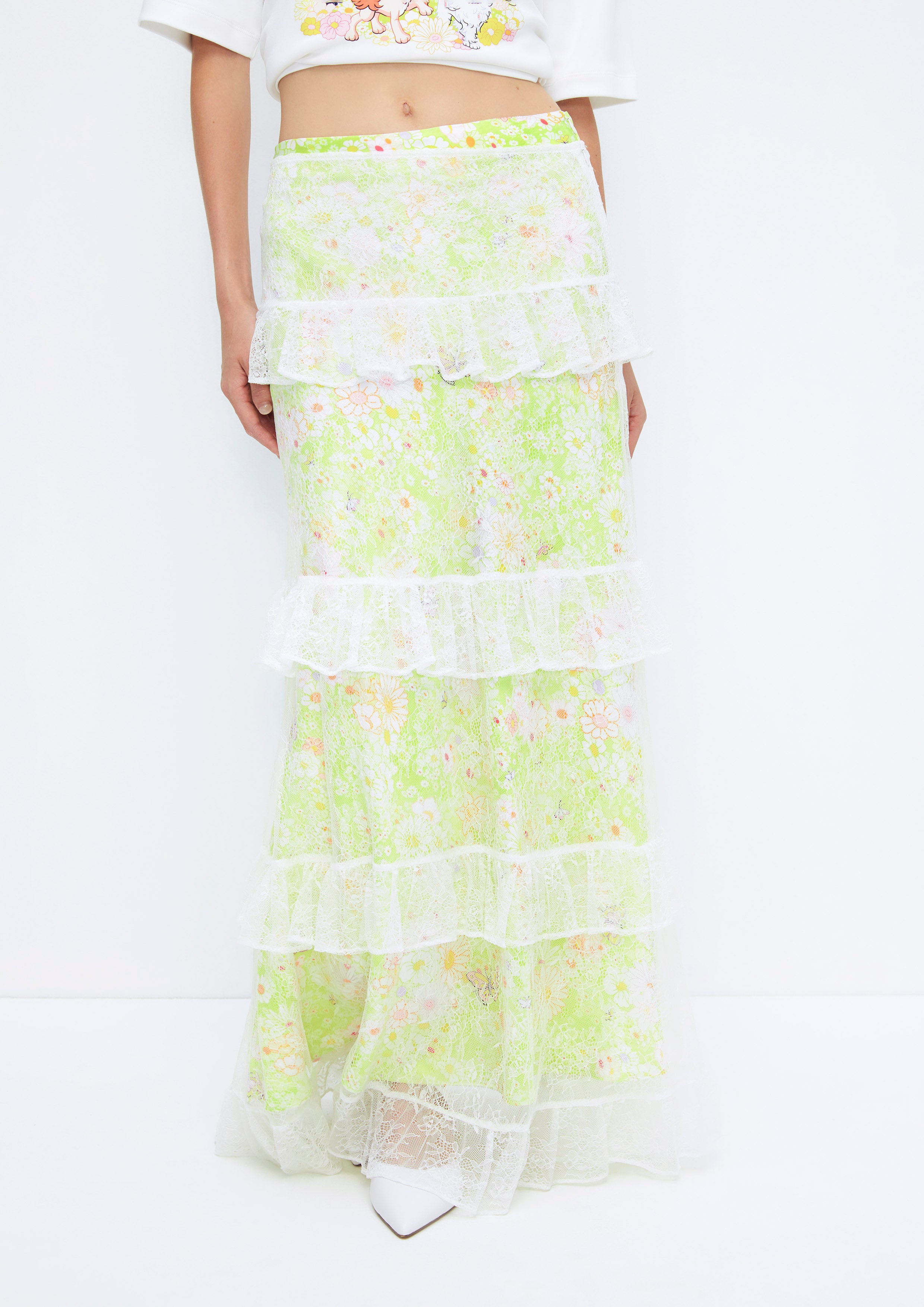 Floral Printed Lace Tiered Midi Skirt Quirk Quest Collection