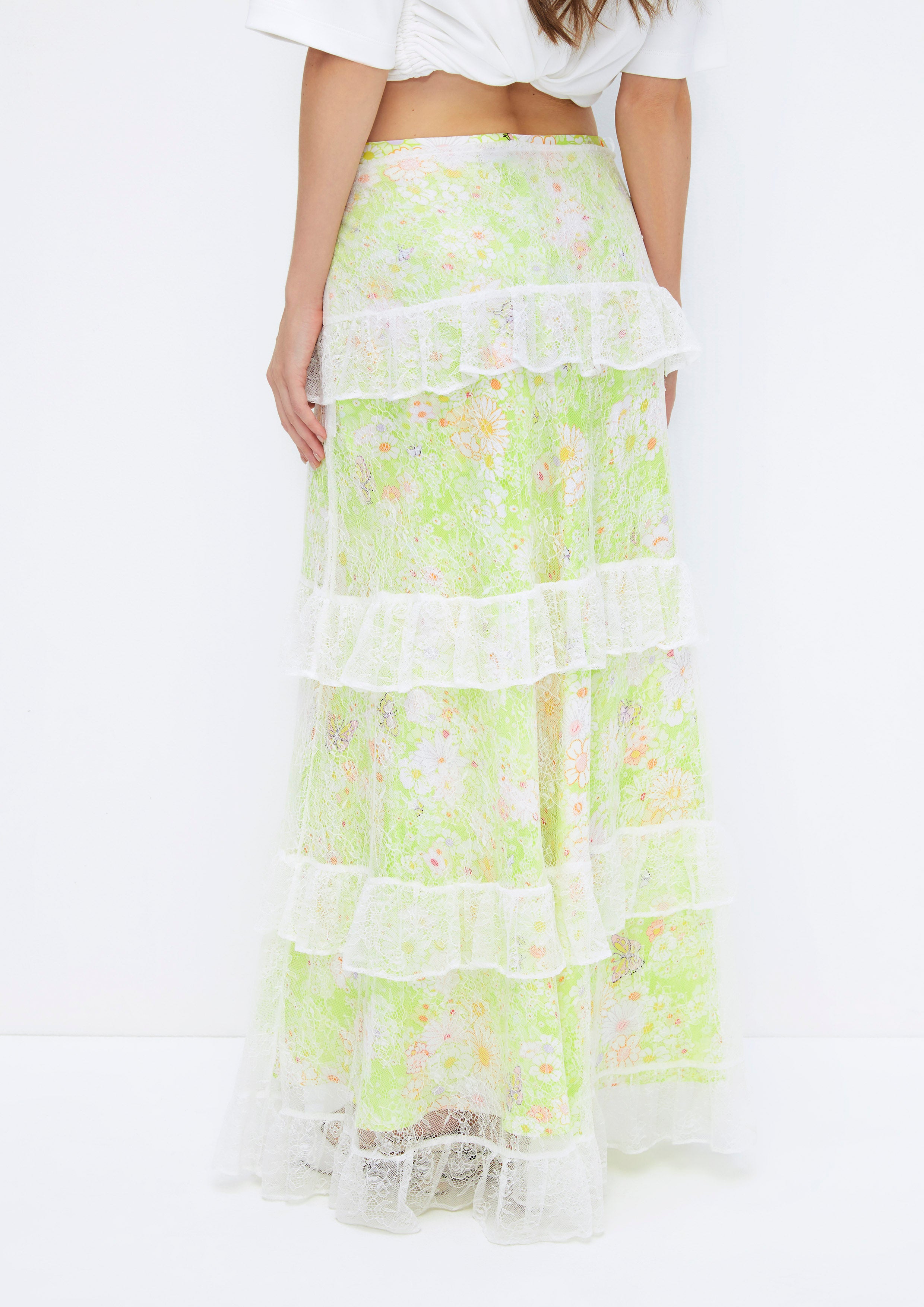 Floral Printed Lace Tiered Midi Skirt Quirk Quest Collection