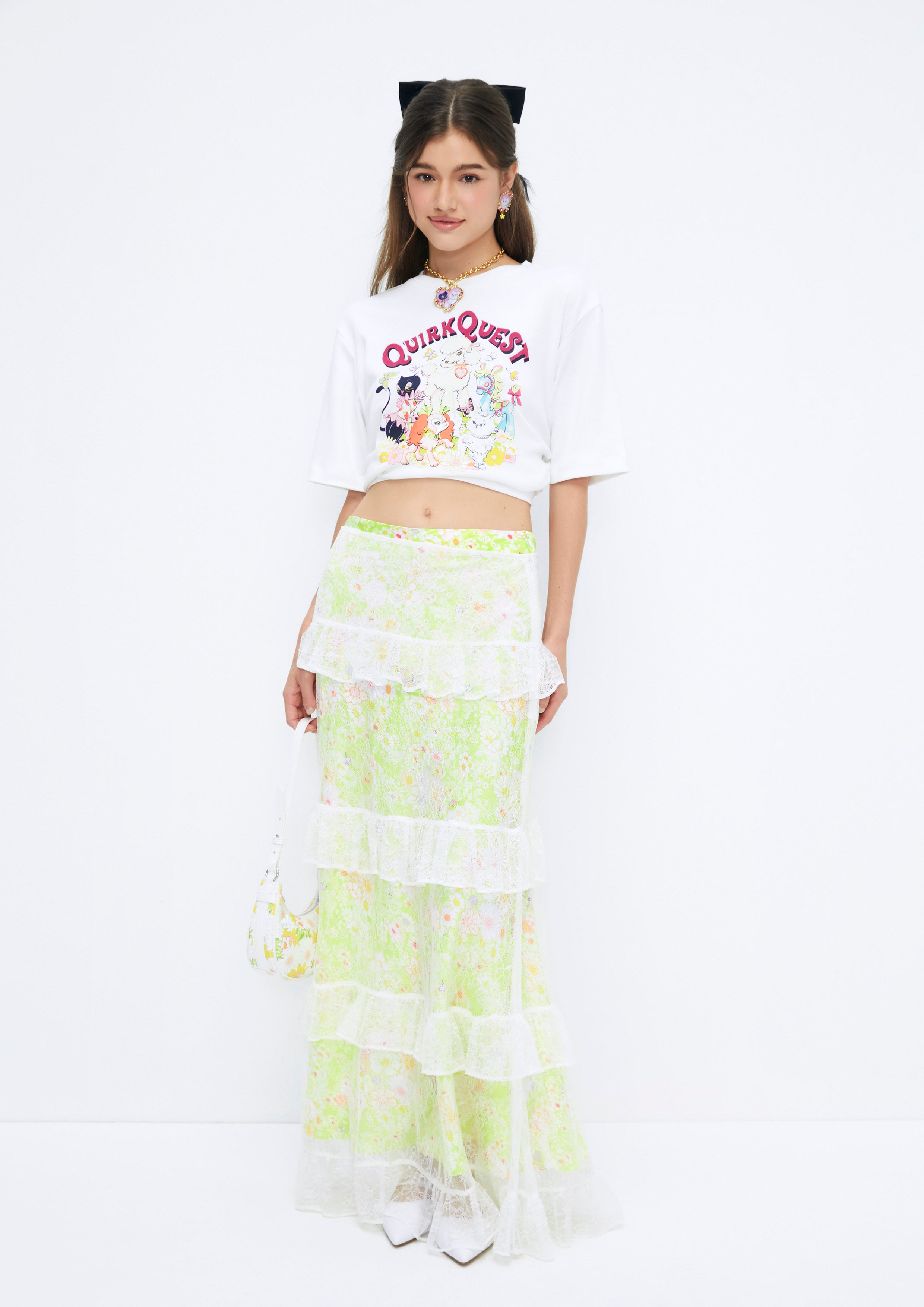 Floral Printed Lace Tiered Midi Skirt Quirk Quest Collection