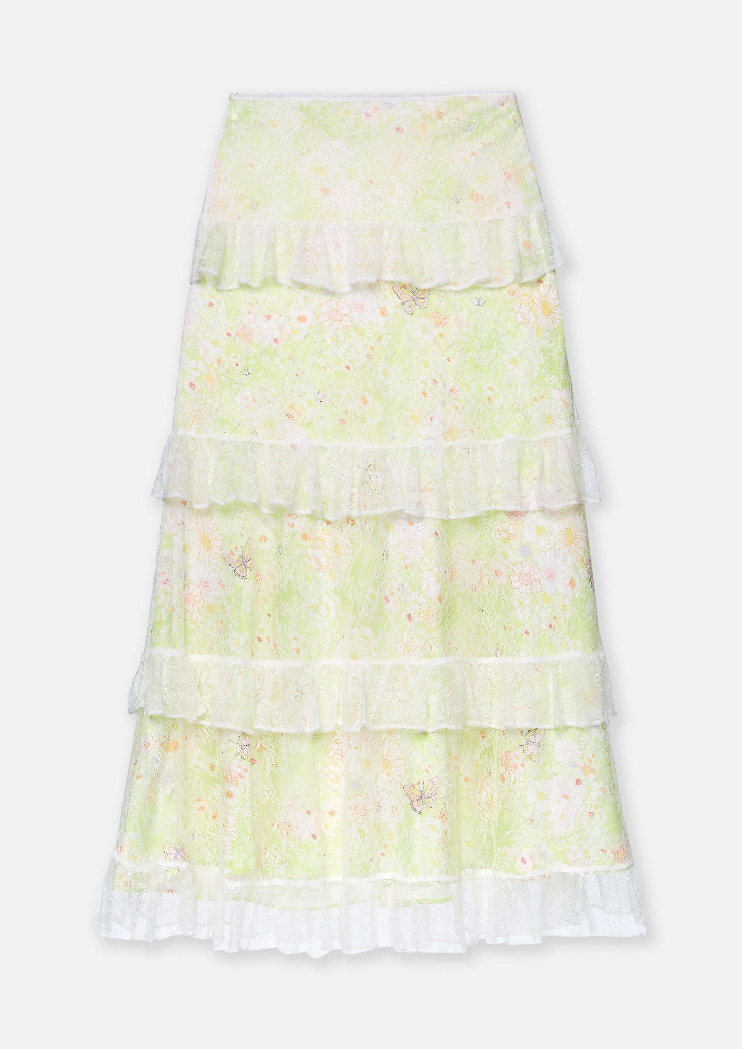 Floral Printed Lace Tiered Midi Skirt Quirk Quest Collection