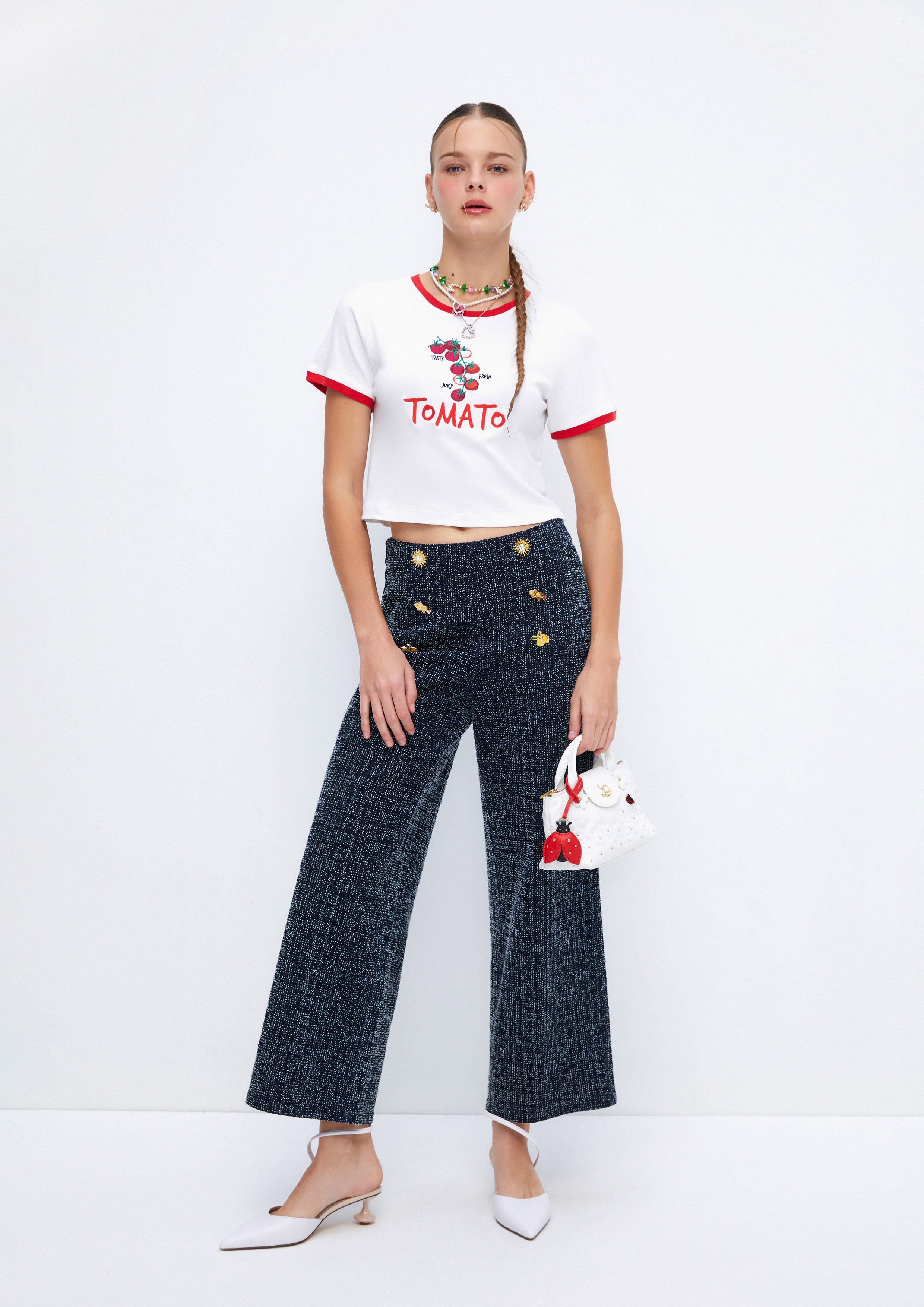 Decorative Charms Embroidery Wide-Leg Pants Soleviva Vacation Collection