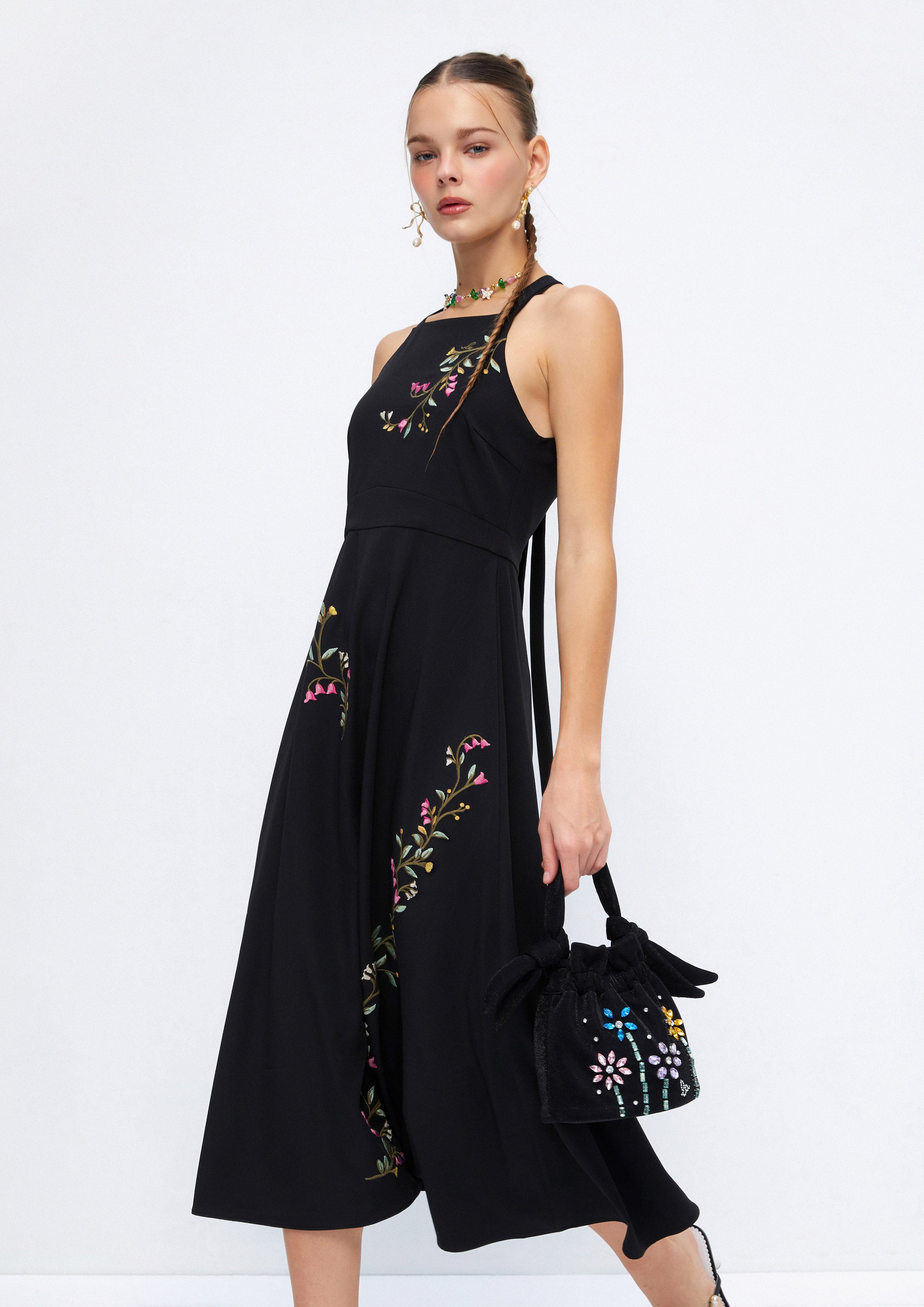 Cascade Flower Embroidery Sleeveless Halter Midi Dress Soleviva Vacation Collection