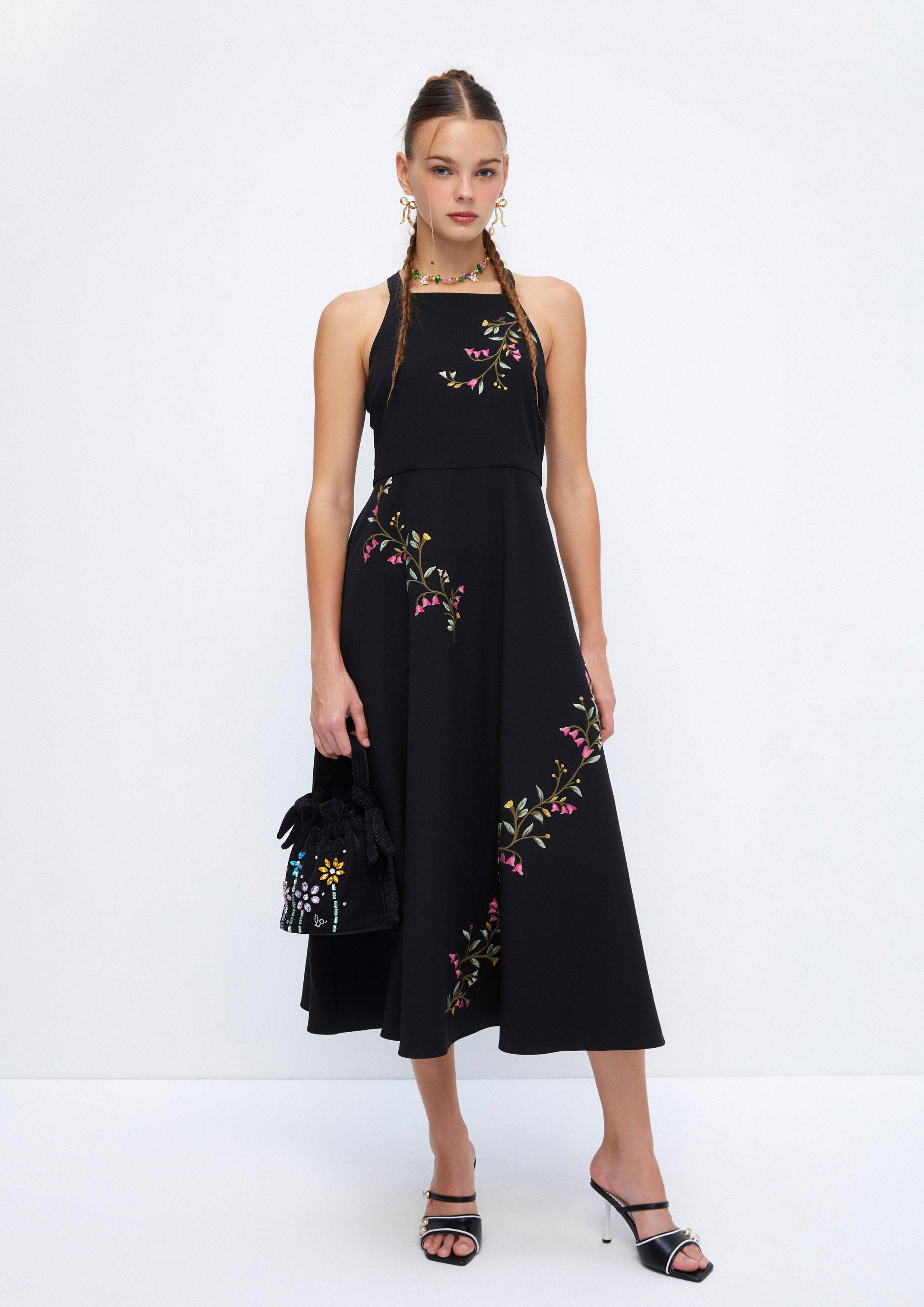 Cascade Flower Embroidery Sleeveless Halter Midi Dress Soleviva Vacation Collection