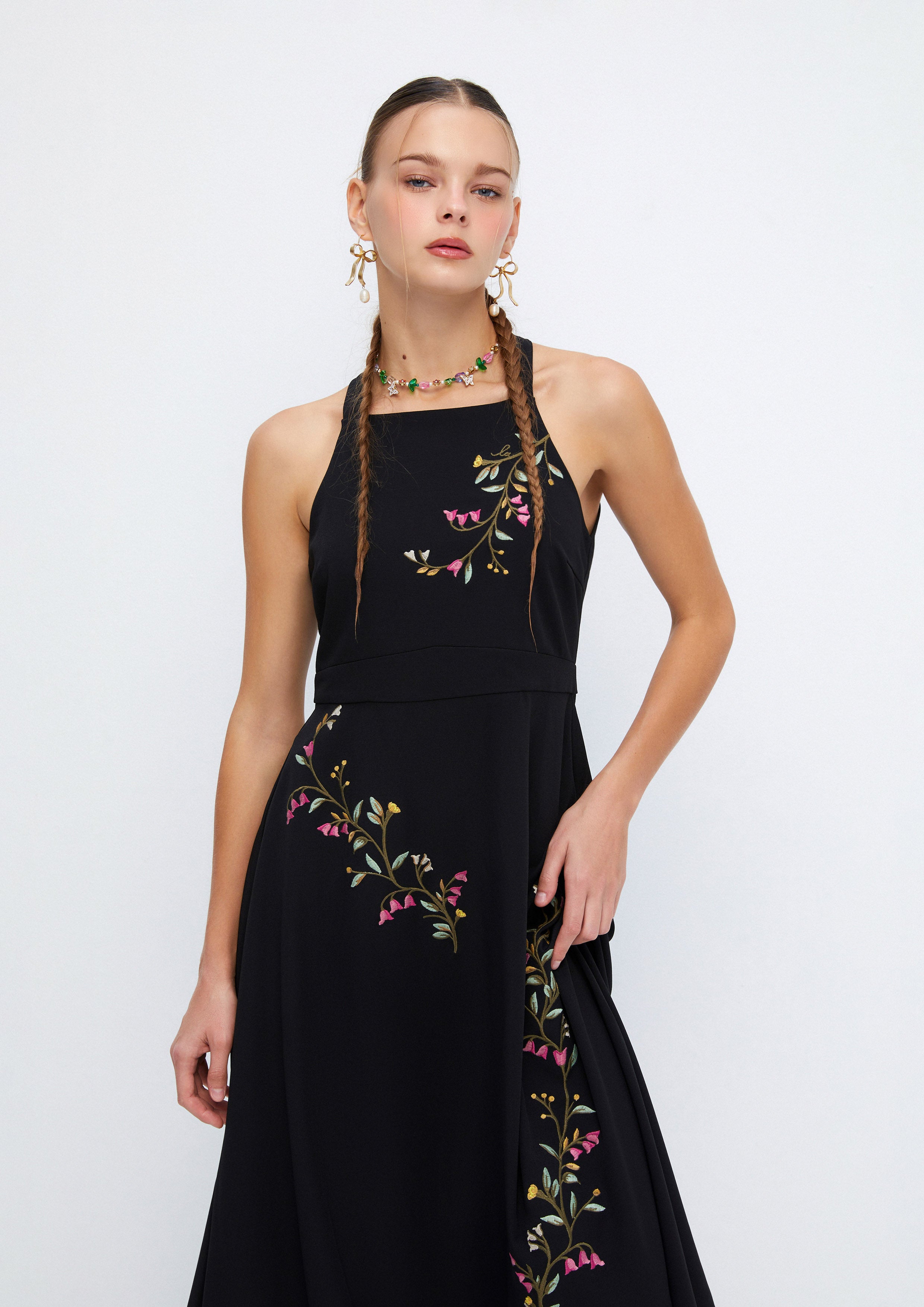 Cascade Flower Embroidery Sleeveless Halter Midi Dress Soleviva Vacation Collection