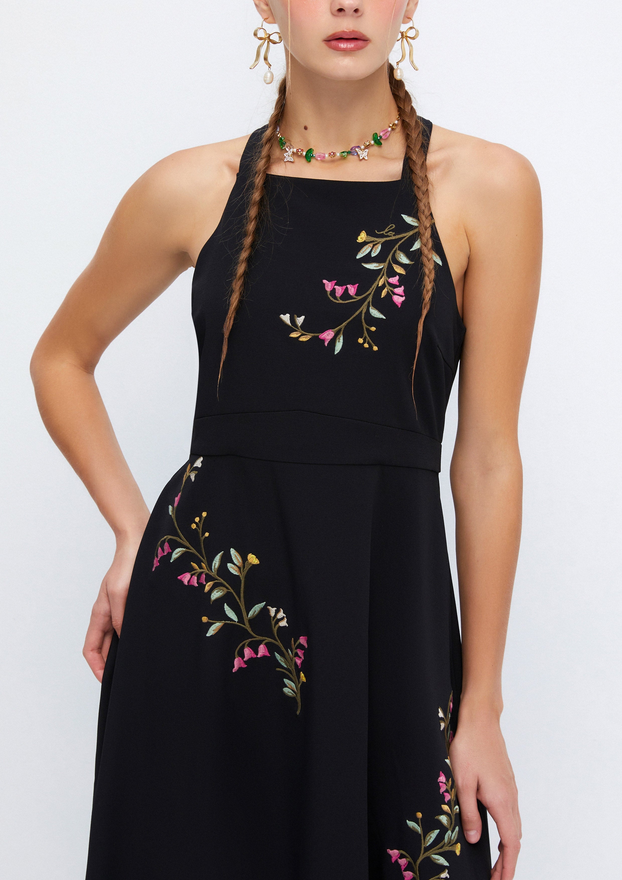 Cascade Flower Embroidery Sleeveless Halter Midi Dress Soleviva Vacation Collection