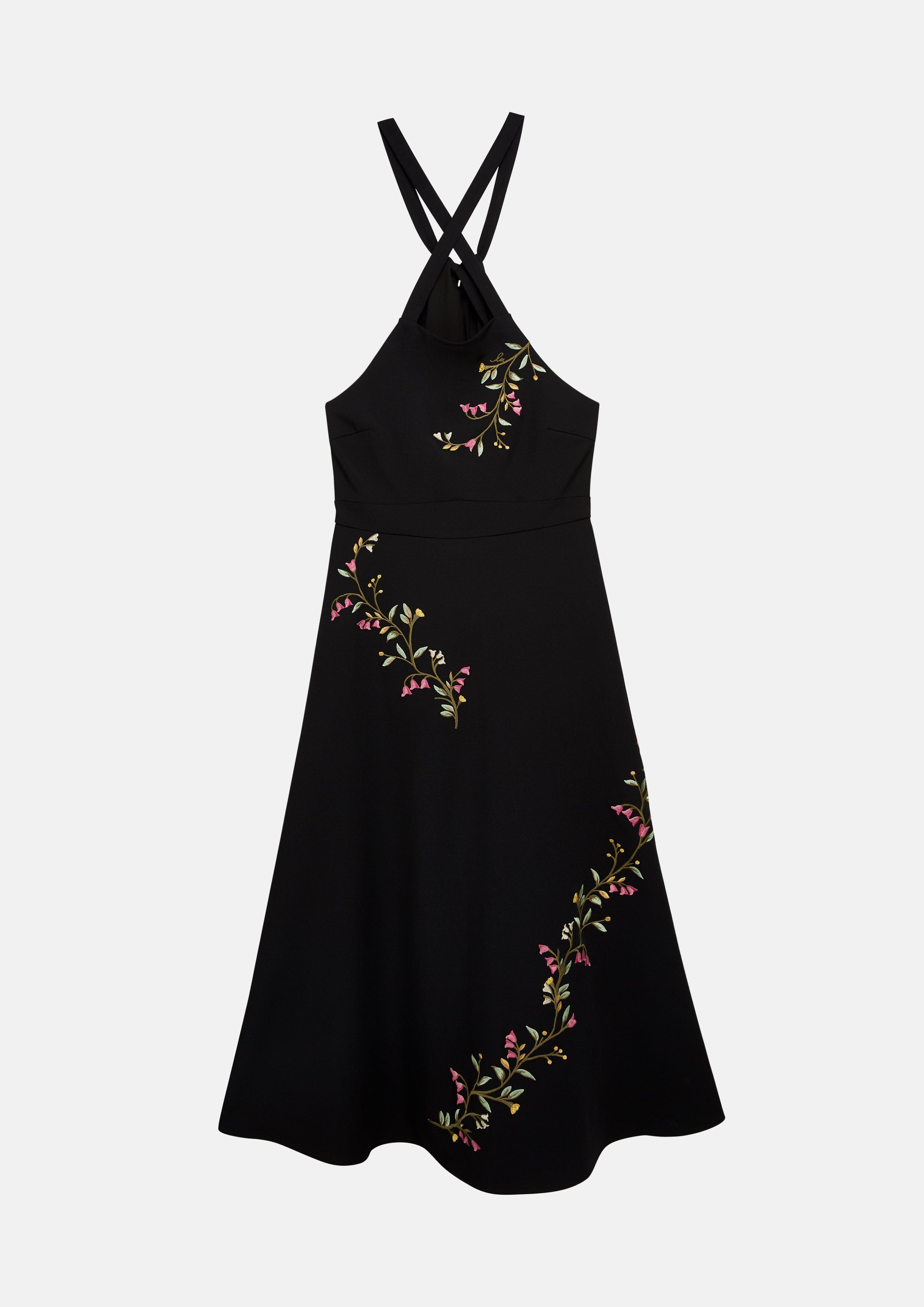 Cascade Flower Embroidery Sleeveless Halter Midi Dress Soleviva Vacation Collection