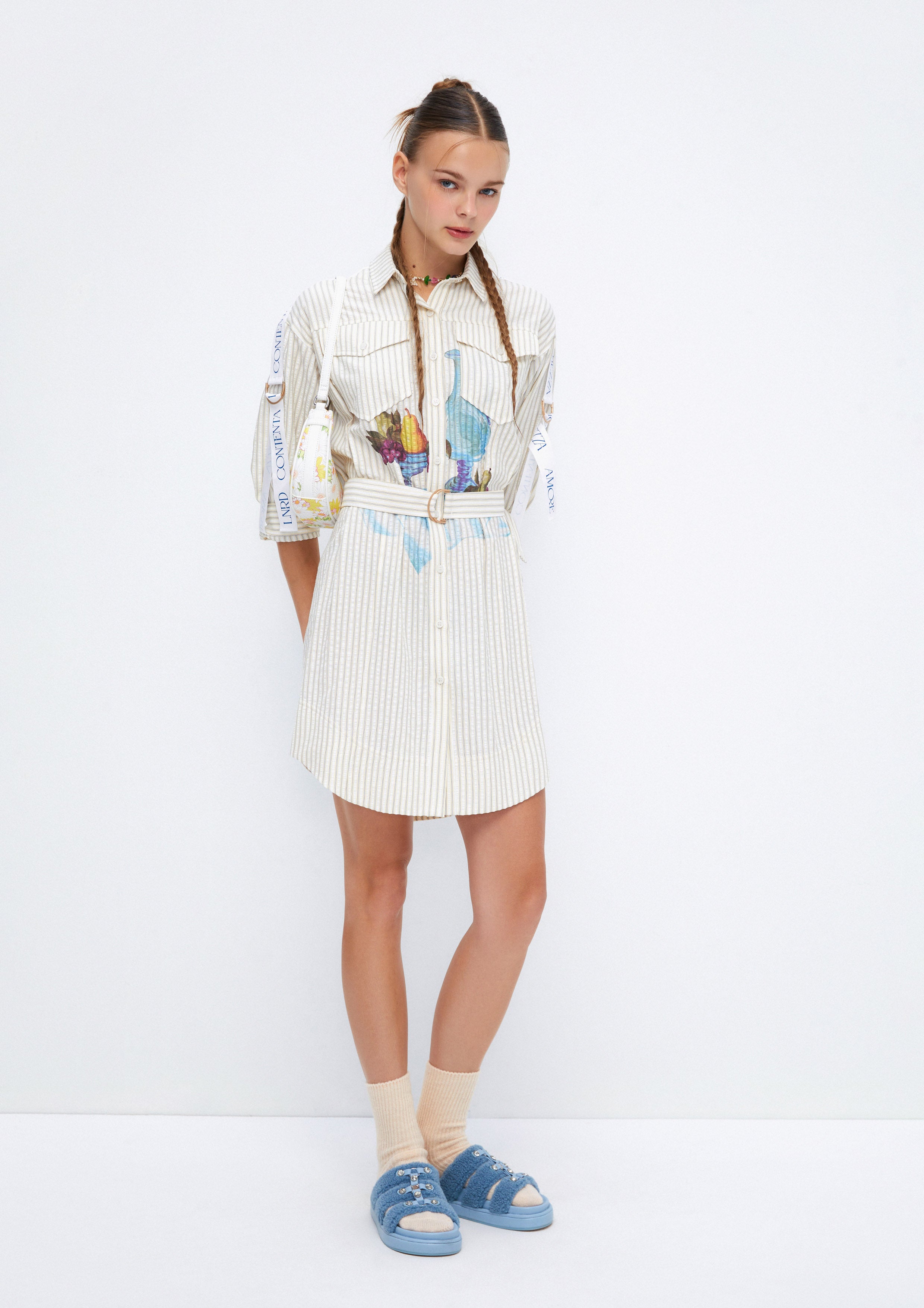 Artistic Fruit Printed Striped Shirt Dress Soleviva Vacation Collection