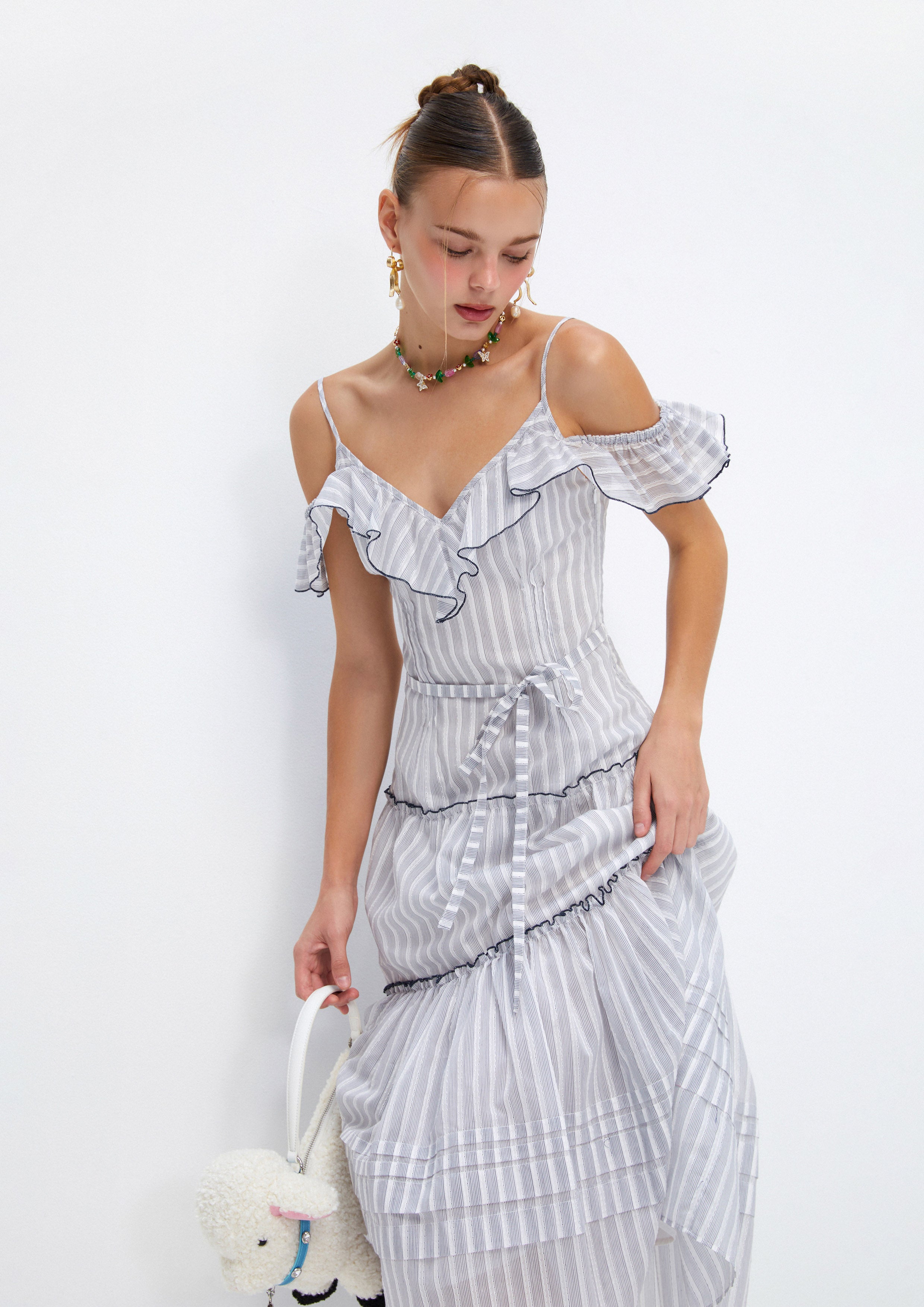 Striped Ruffle Tiered Midi Dress Soleviva Vacation Collection