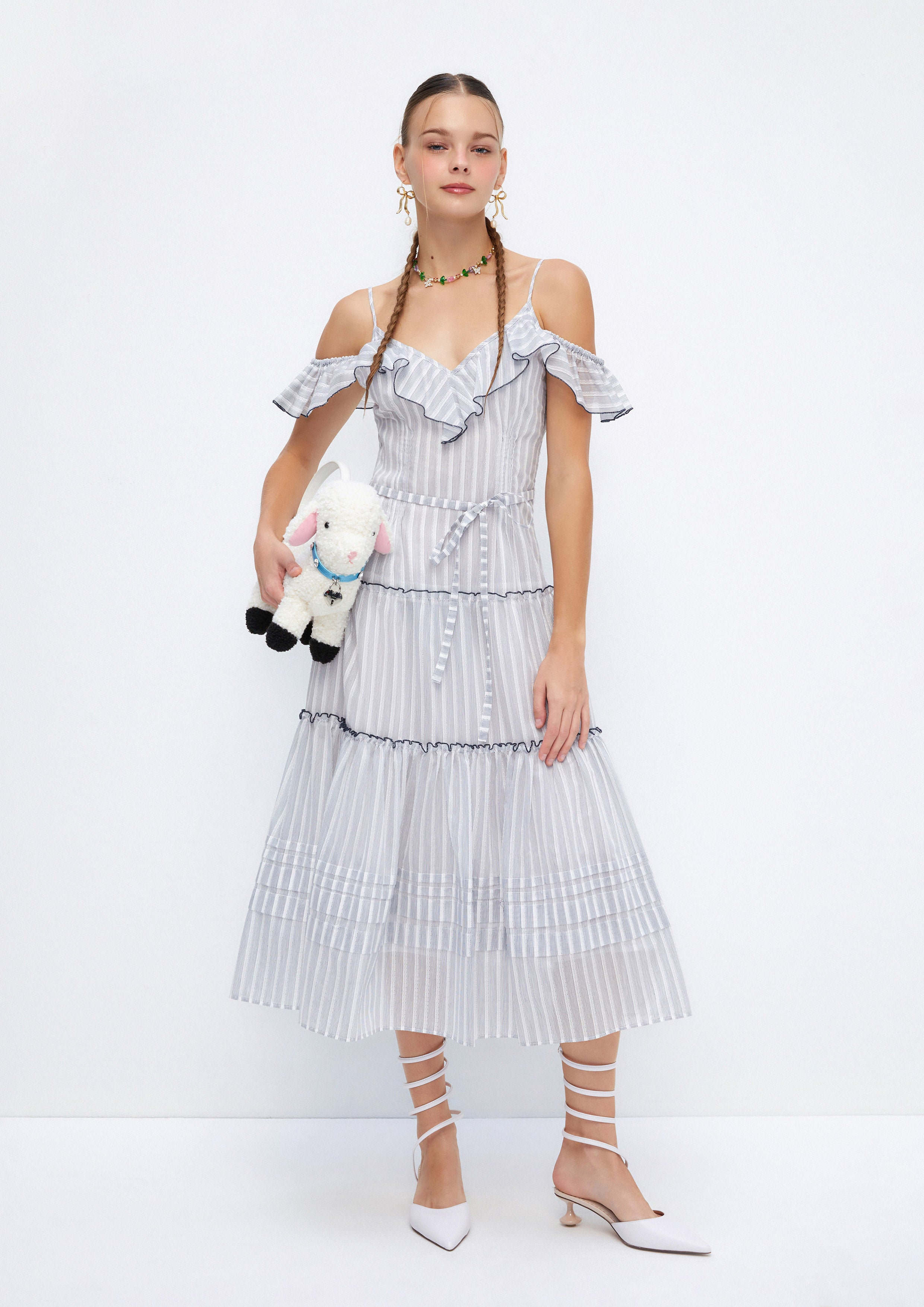 Striped Ruffle Tiered Midi Dress Soleviva Vacation Collection