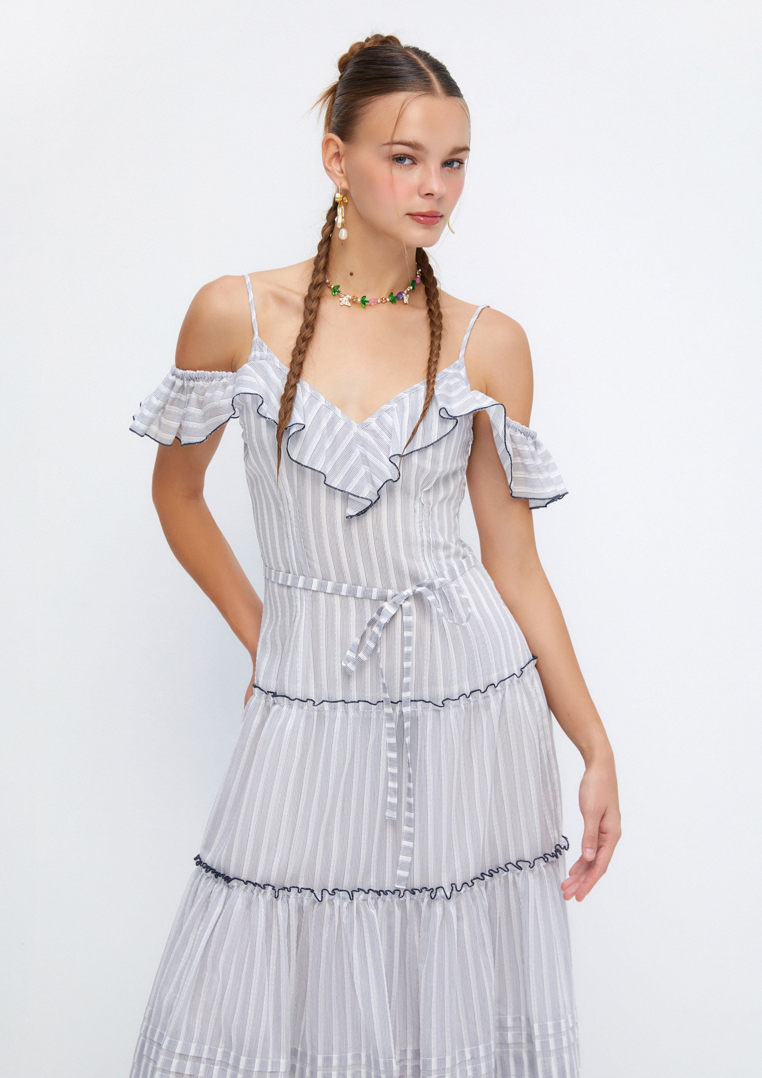 Striped Ruffle Tiered Midi Dress Soleviva Vacation Collection