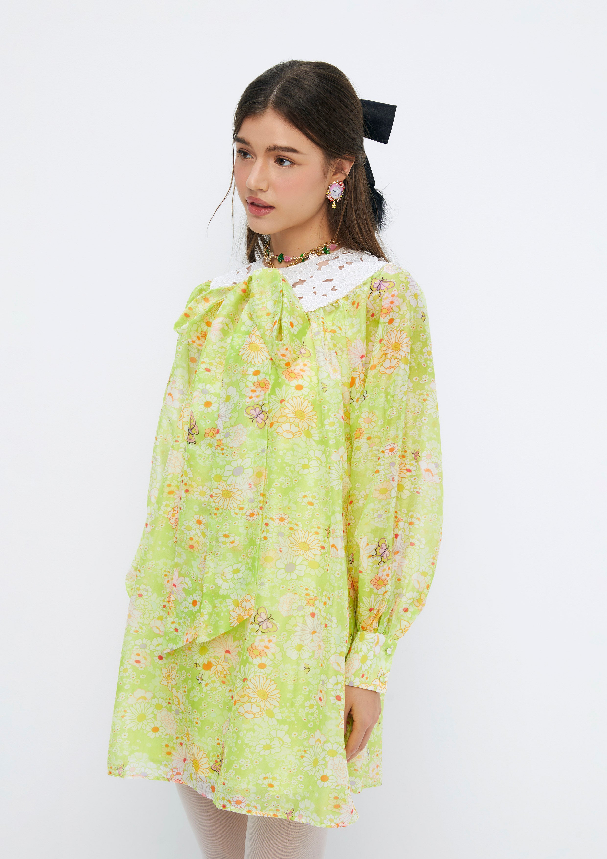 Floral Printed Lace Puffed Long Sleeve Blouse Quirk Quest Collection