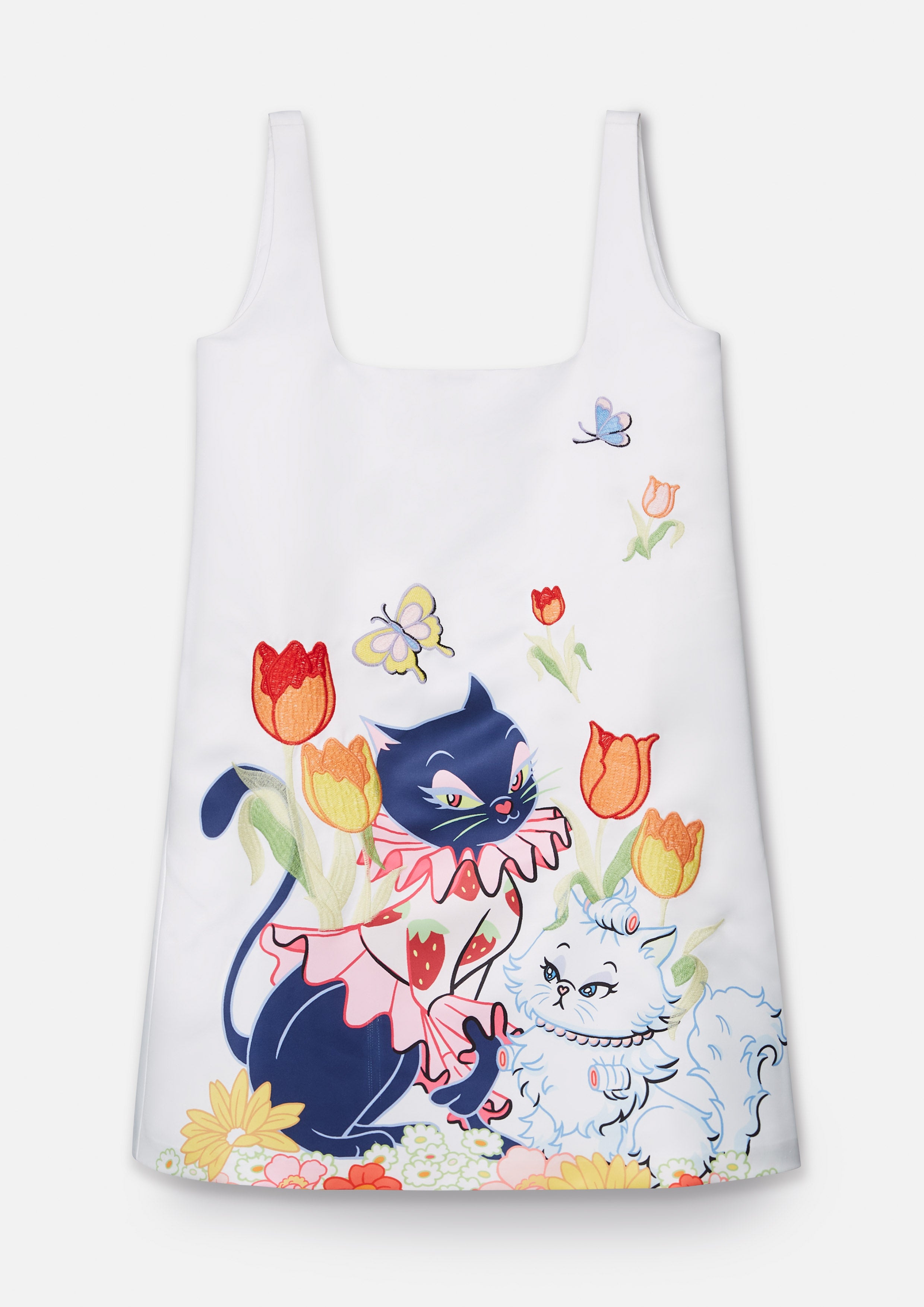 Floral and Feline Printed Sleeveless Mini Dress Quirk Quest Collection