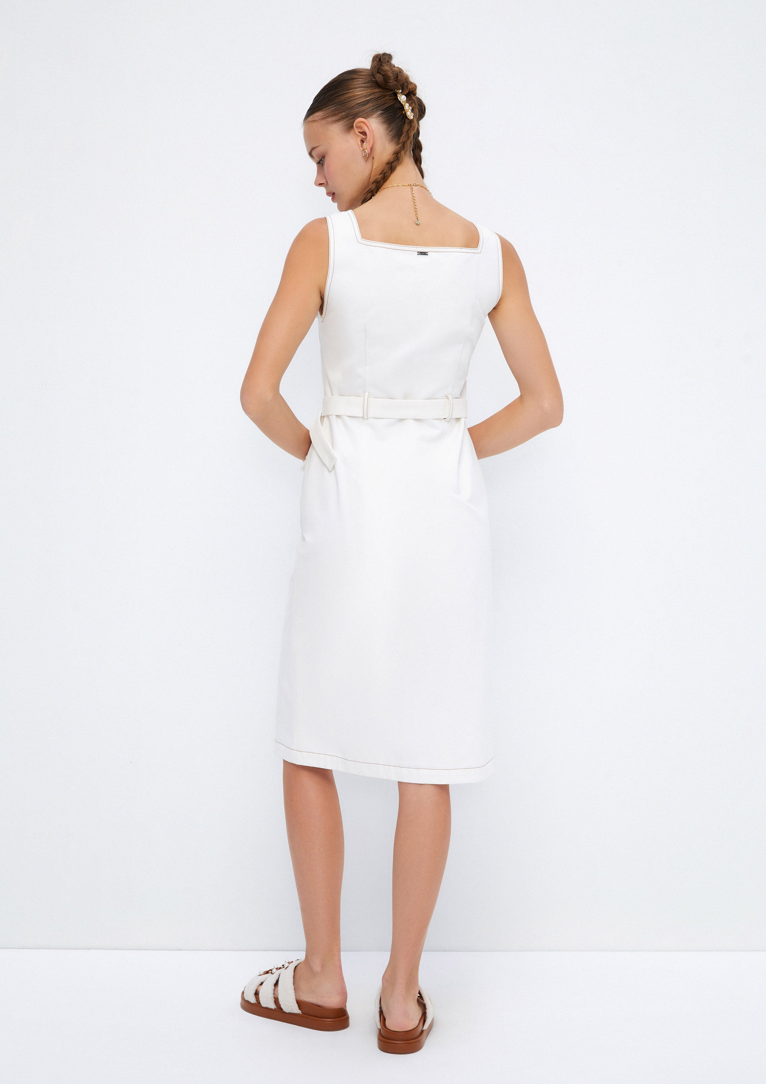 Patched Pockets Square Neck Sleeveless Midi Dress Soleviva Vacation Collection