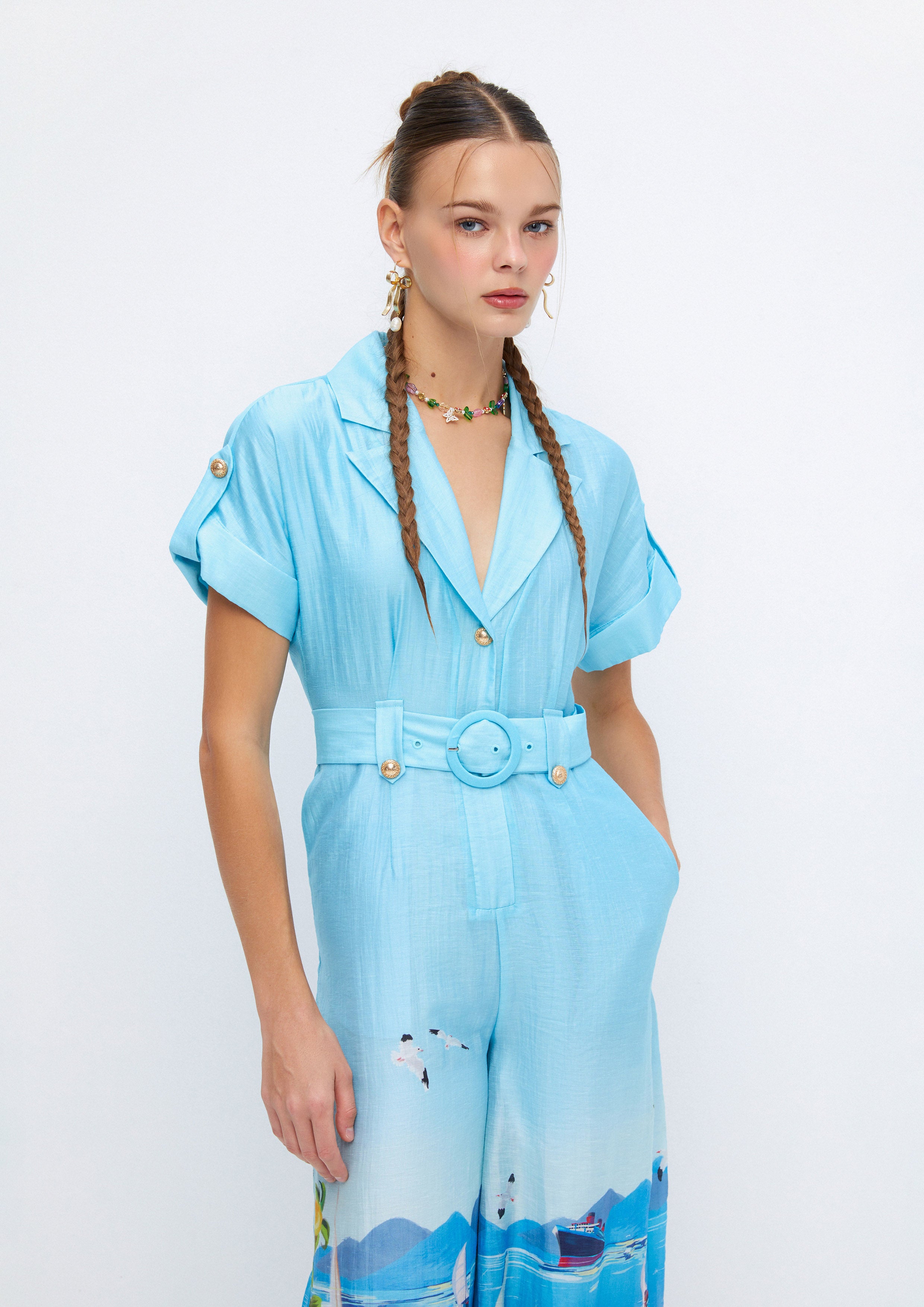 Coastal Dream Printed Wide-Leg Short Sleeve Jumpsuit Soleviva Vacation Collection