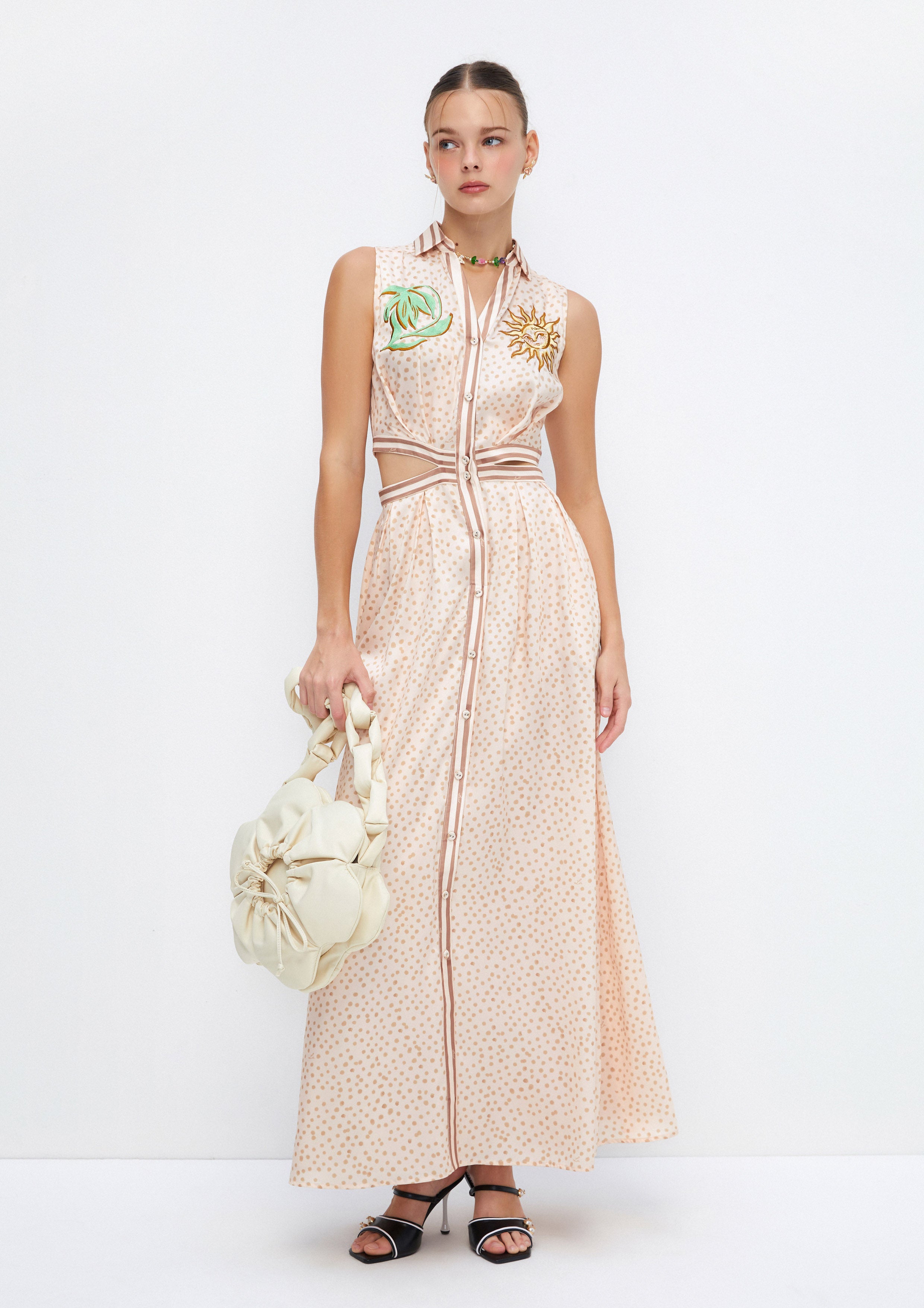 Solar Garden Printed Polka-Dot Cutout Sleeveless Maxi Dress Soleviva Vacation Collection