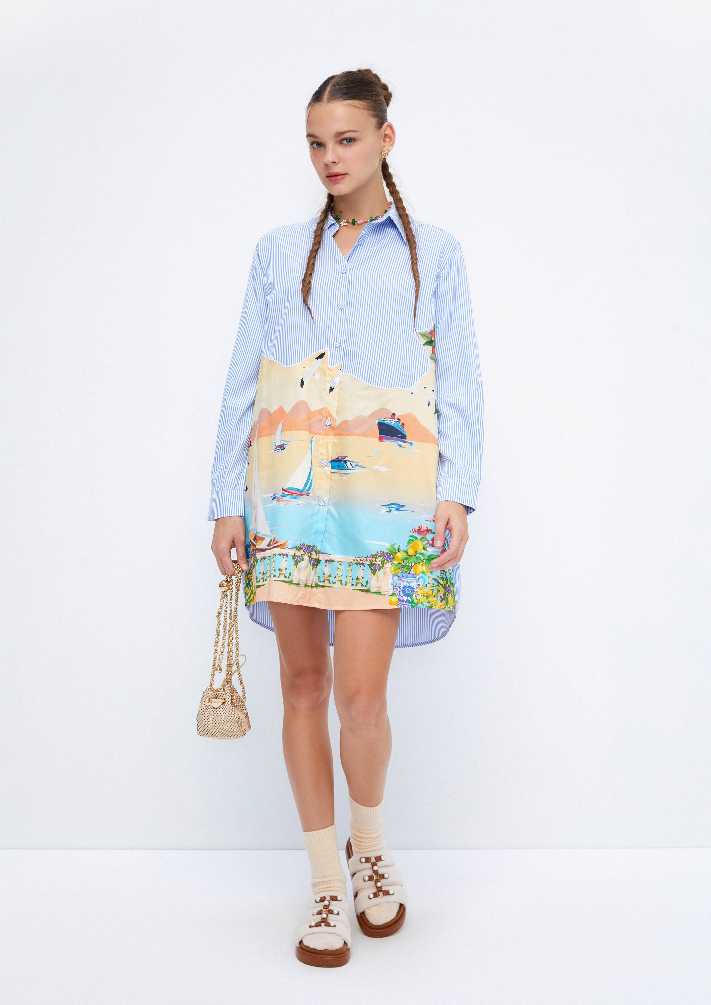 Riviera Daydream Printed Striped Long Sleeve Shirt Dress Soleviva Vacation Collection